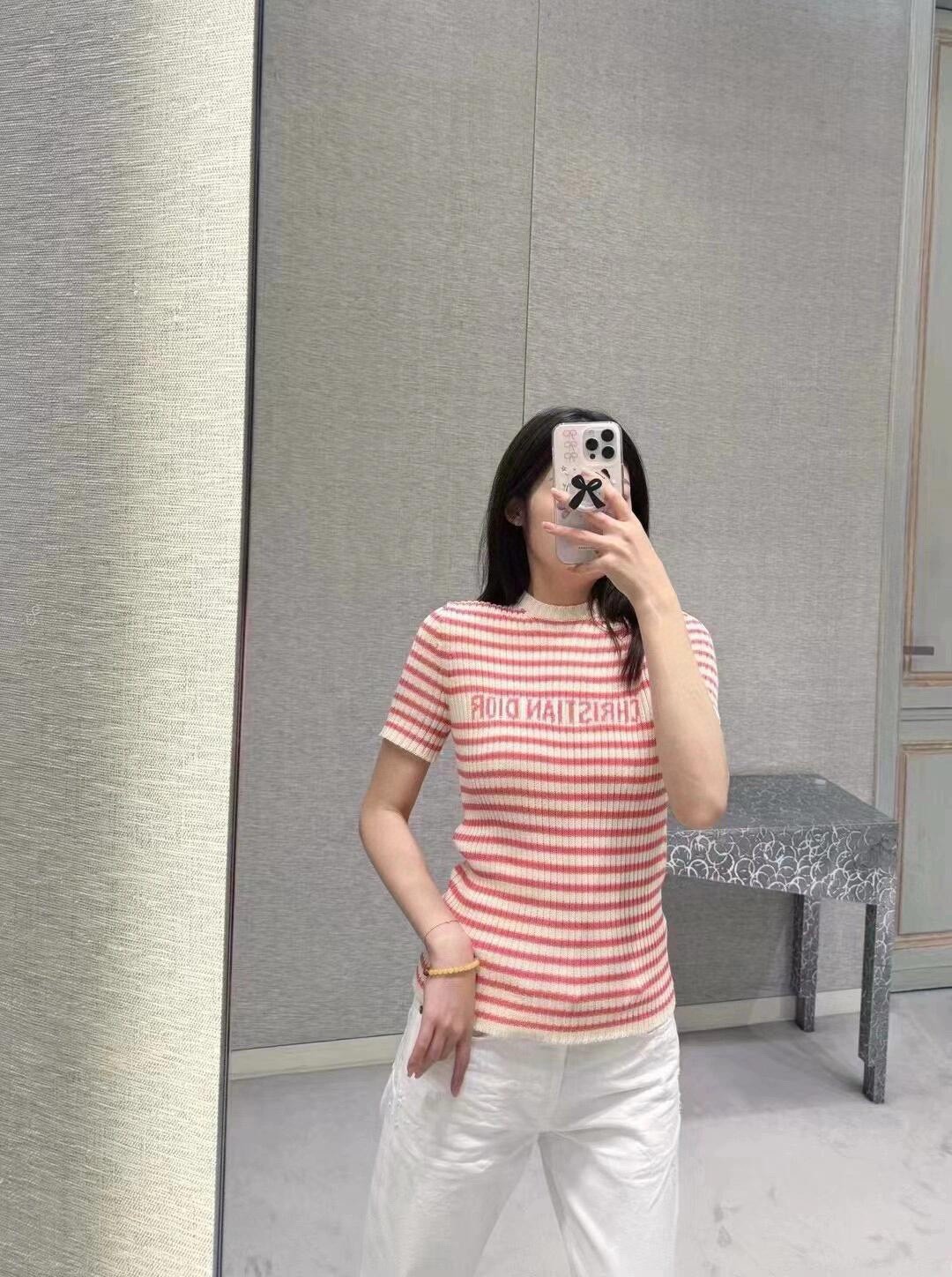 Bagsaaa D10riviera Short-Sleeved Sweater White and Pink Cotton Ribbed Knit with D10r Marinière Motif