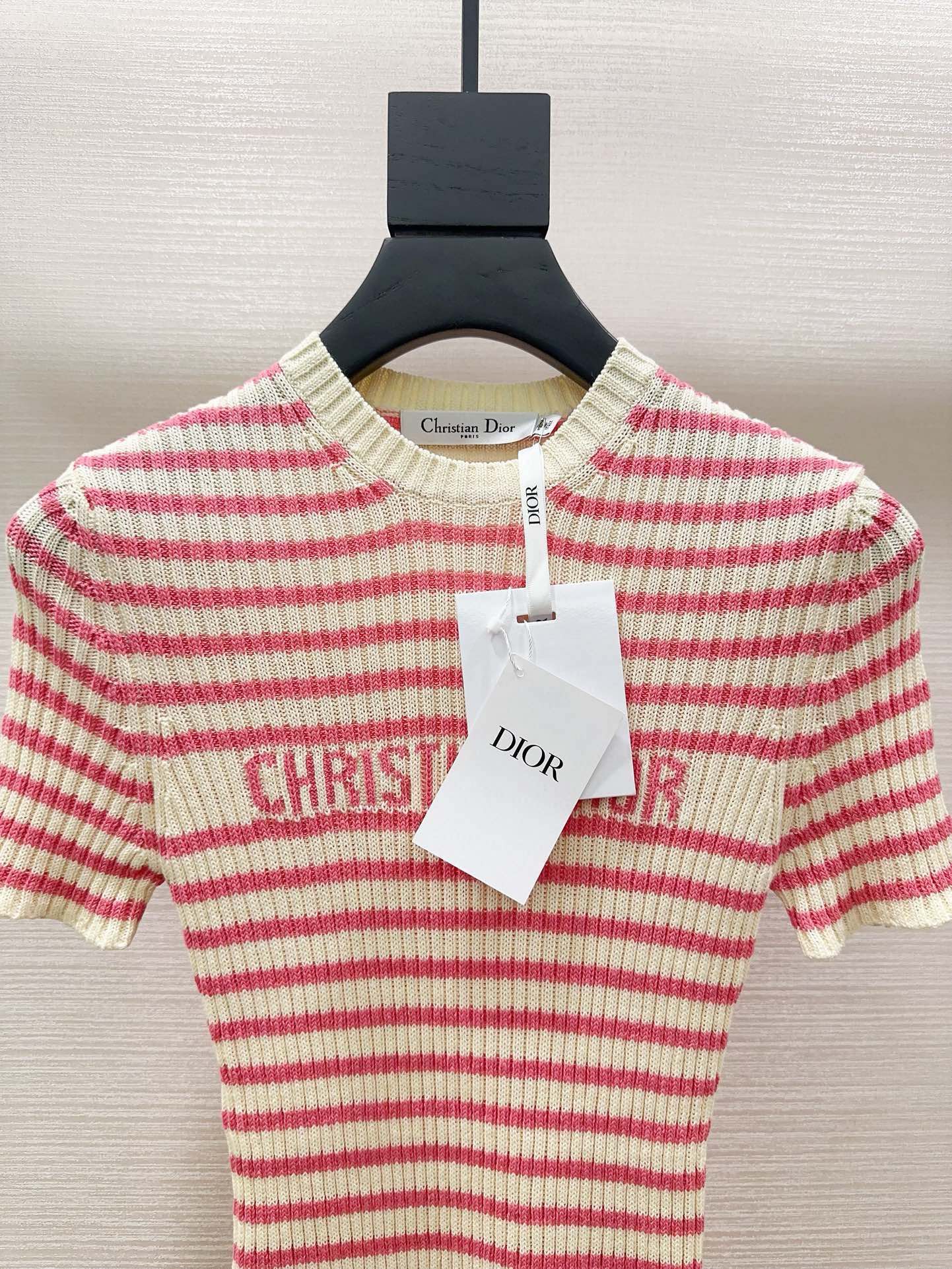 Bagsaaa D10riviera Short-Sleeved Sweater White and Pink Cotton Ribbed Knit with D10r Marinière Motif