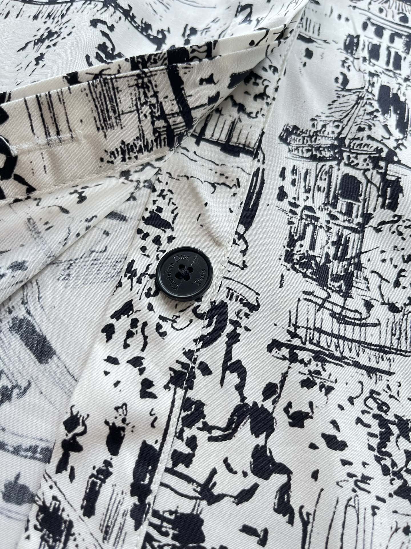 Bagsaaa Mid-Length Shirt Dress White and Black Cotton and Silk Poplin with Paris Allover Motif