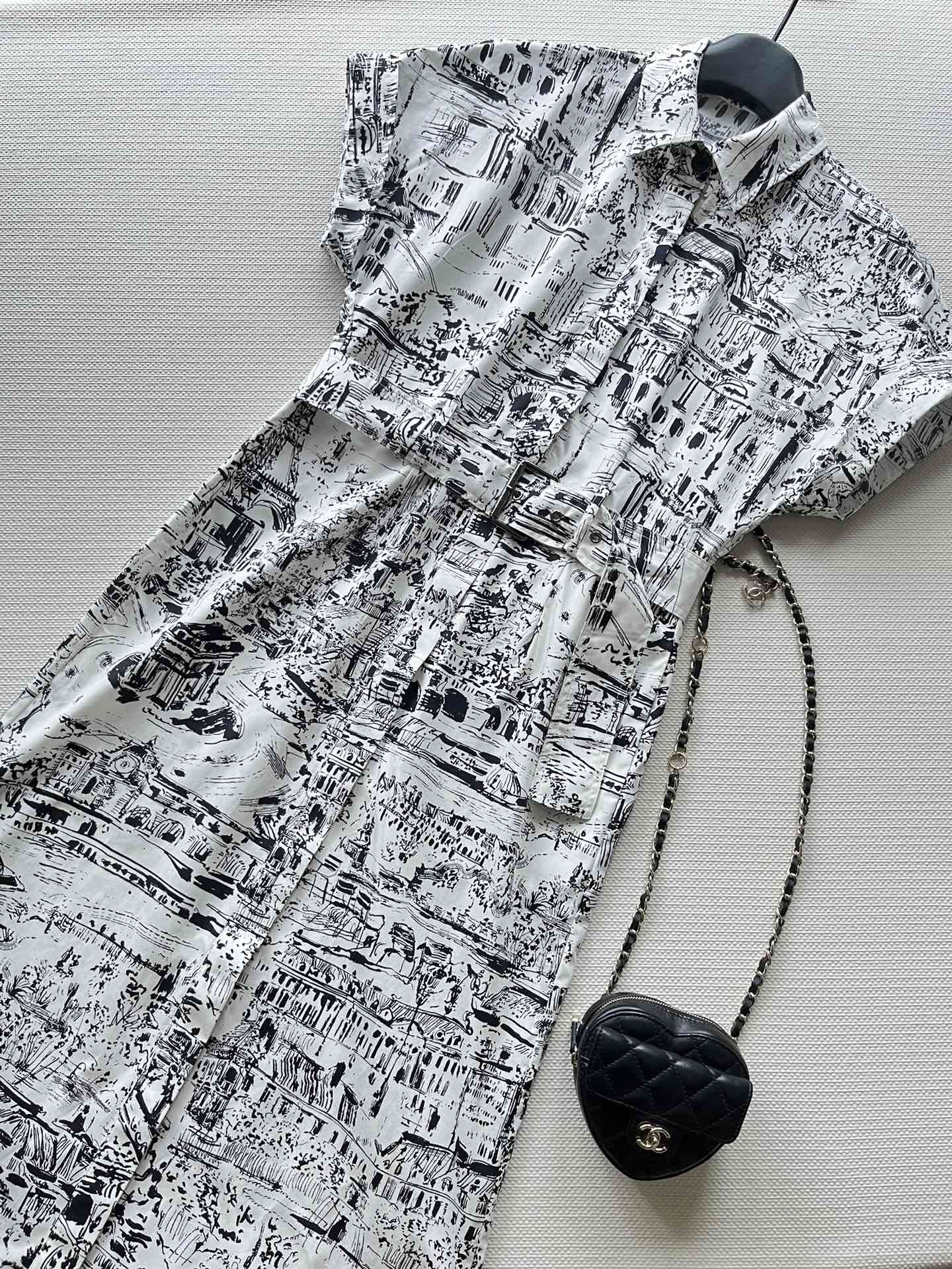 Bagsaaa Mid-Length Shirt Dress White and Black Cotton and Silk Poplin with Paris Allover Motif