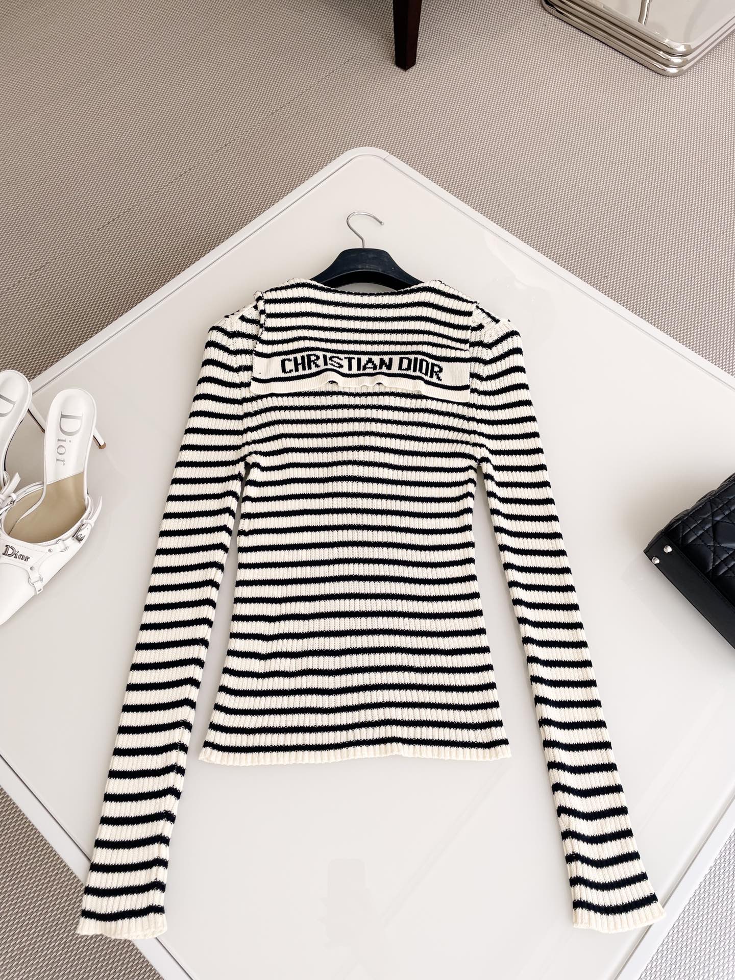 Bagsaaa D10riviera Sweater White and Navy Blue Cotton Ribbed Knit with D10r Marinière Motif