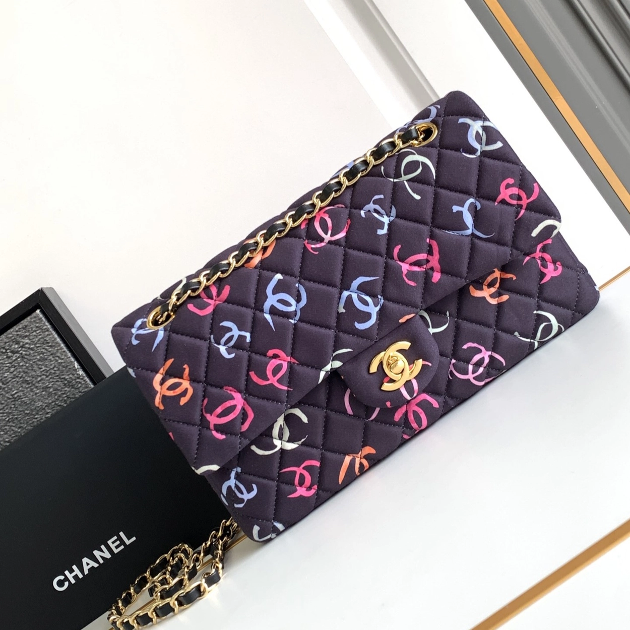 Bagsaaa Ch**el Classic 11.12 Handbag Printed Fabric Multicolour A01112 - 15.5 × 25.5 × 6.5 cm