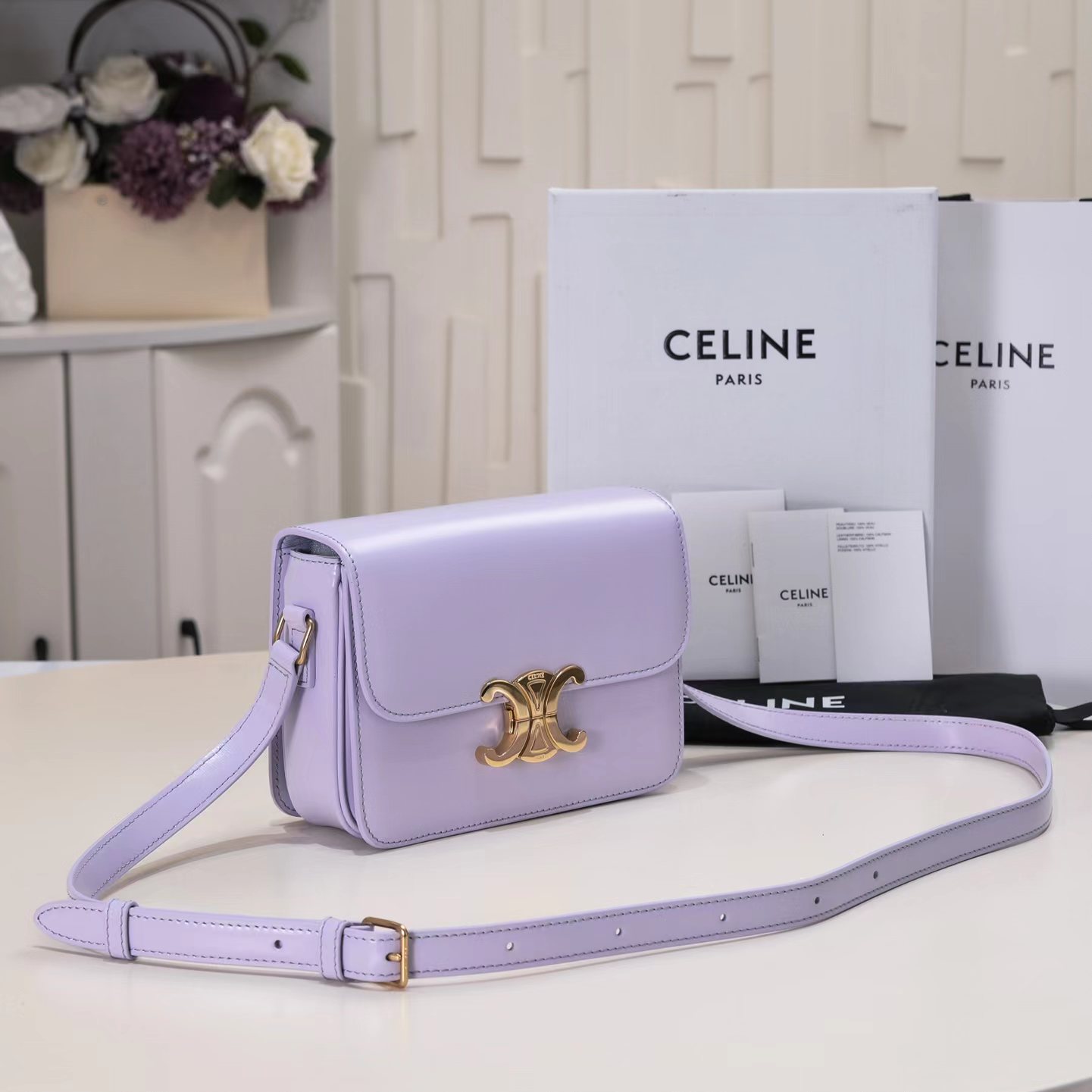 Bagsaaa Ce1i*e Teen Triomphe Bag In Shiny Calfskin Light Purple - 18.5 X 13.5 X 7 CM