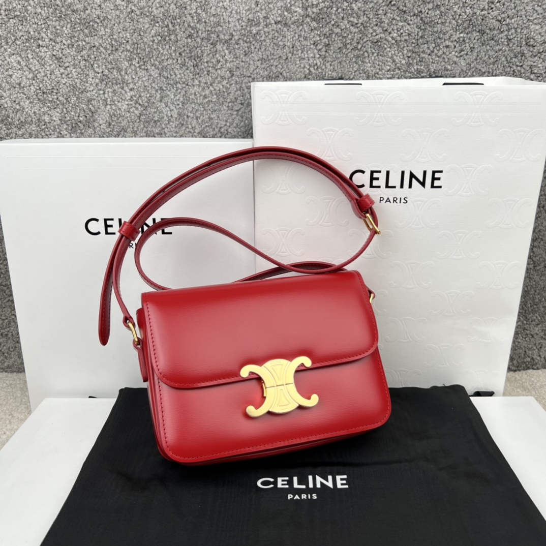 Bagsaaa Ce1i*e Teen Triomphe Bag In Shiny Calfskin Red - 18.5 X 13.5 X 7 CM