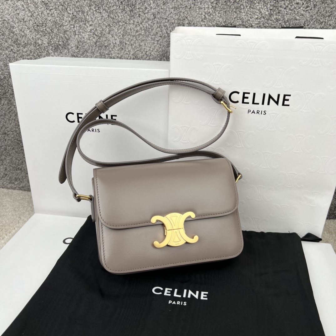 Bagsaaa Ce1i*e Teen Triomphe Bag In Shiny Calfskin Gray - 18.5 X 13.5 X 7 CM