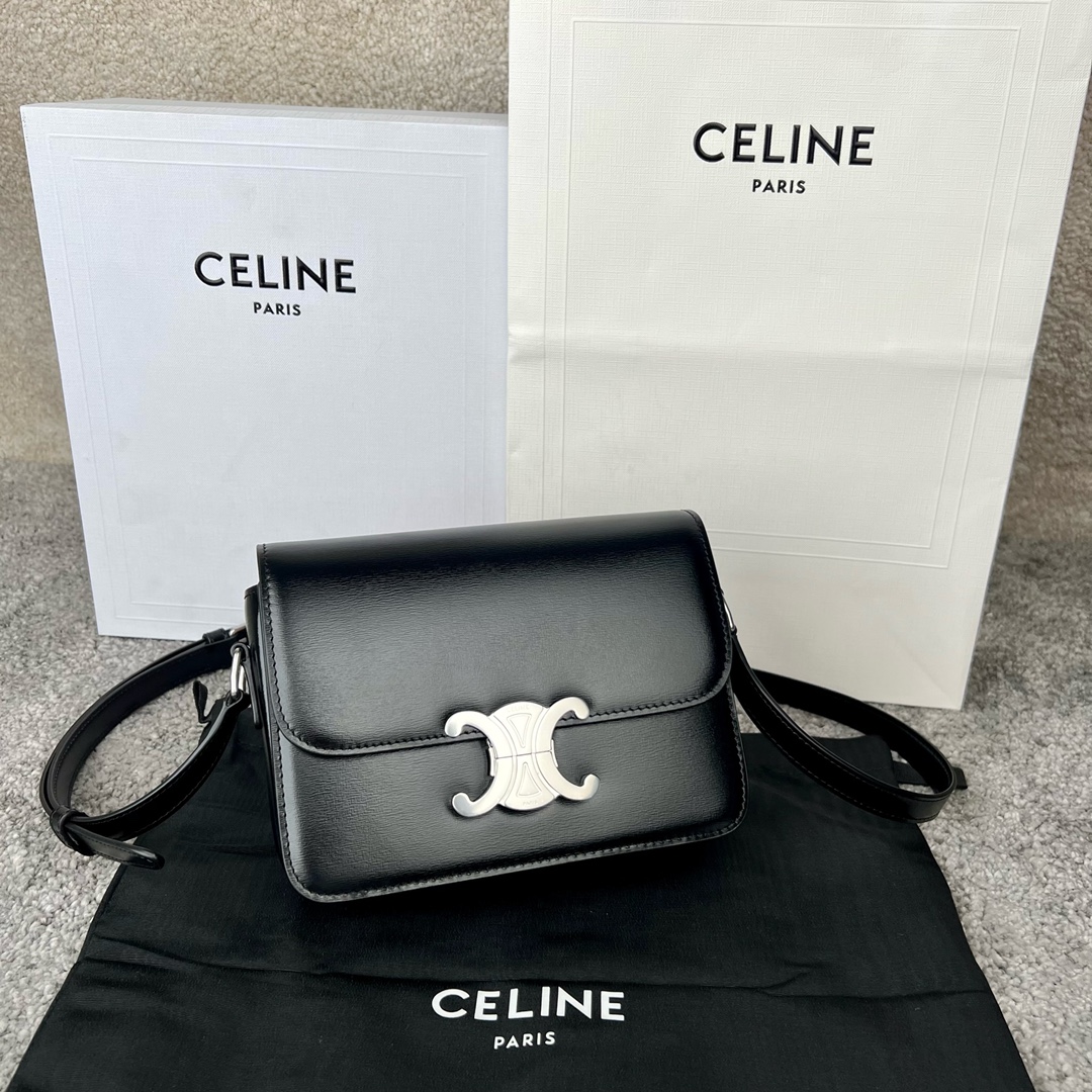 Bagsaaa Ce1i*e Teen Triomphe Bag In Shiny Calfskin Black & Silver - 18.5 X 13.5 X 7 CM