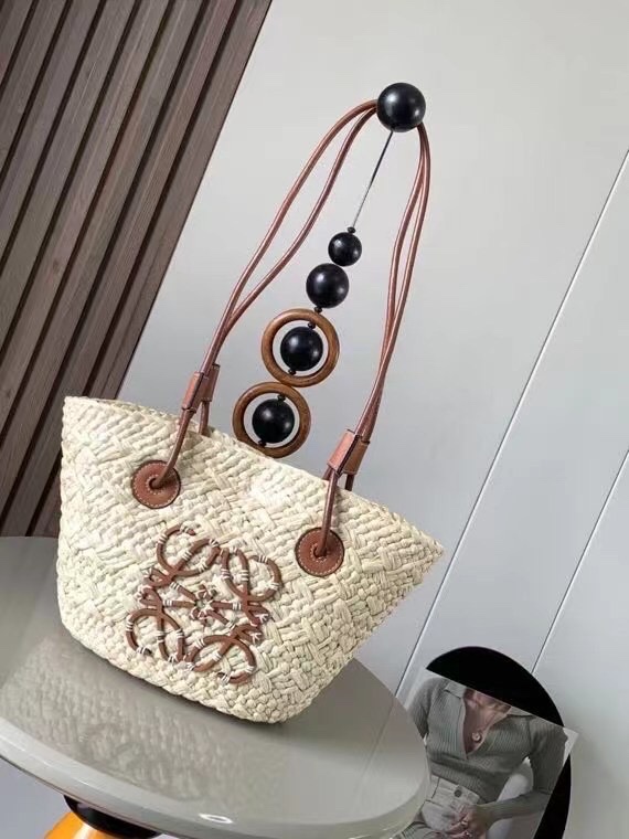 Bagsaaa L0ew* Small Anagram Basket Bag In Iraca Palm And Calfskin Brown - 38X17X13 cm
