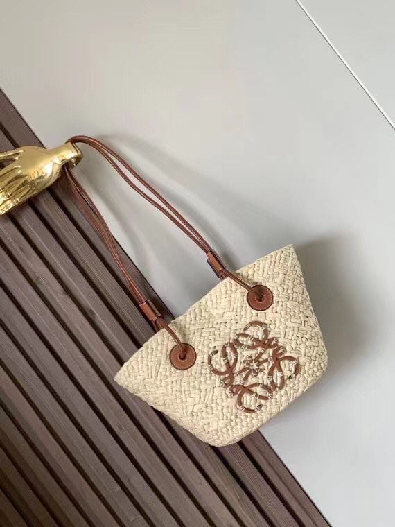 Bagsaaa L0ew* Small Anagram Basket Bag In Iraca Palm And Calfskin Brown - 38X17X13 cm
