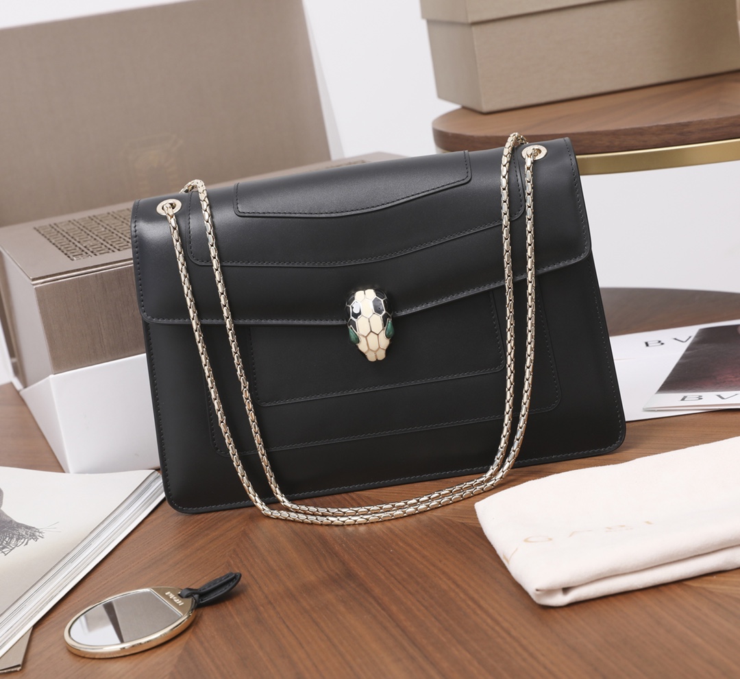 Bagsaaa Bv1g*ai Serpenti Forever Shoulder Bag Black - 27.5 x 18 x 7 cm