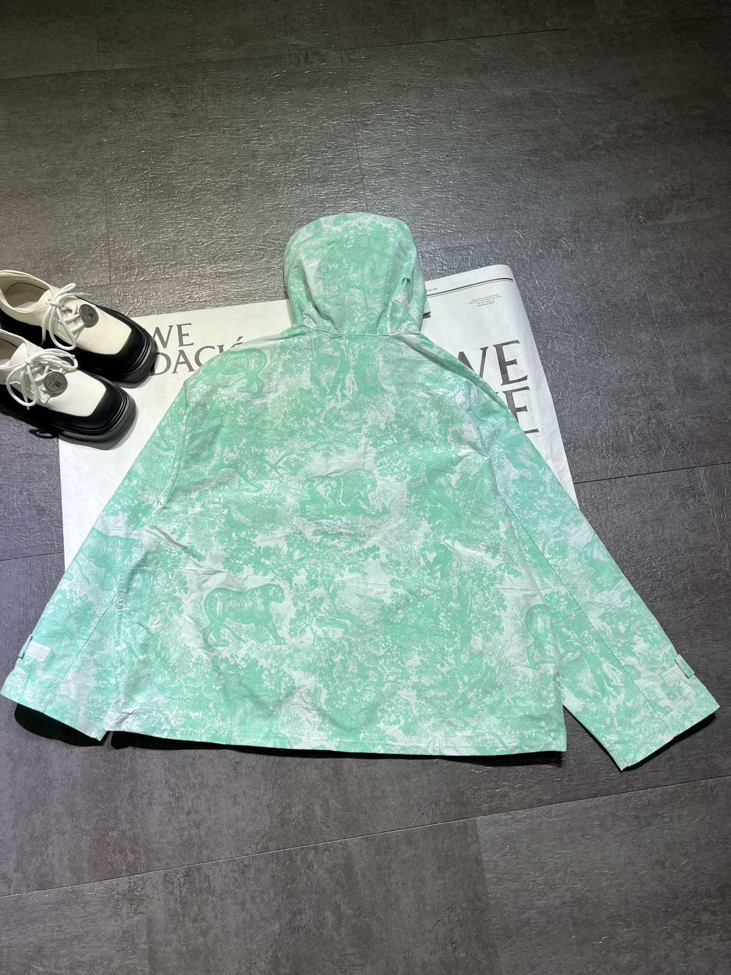 Bagsaaa D10riviera Hooded Anorak White and Aquamarina Technical Taffeta Jacquard with Toile de Jouy Sauvage Motif