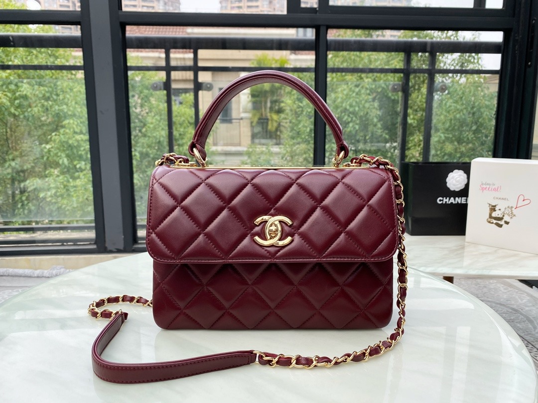 Bagsaaa Ch**el Trendy CC Burgundy Gold Hardware 25cm