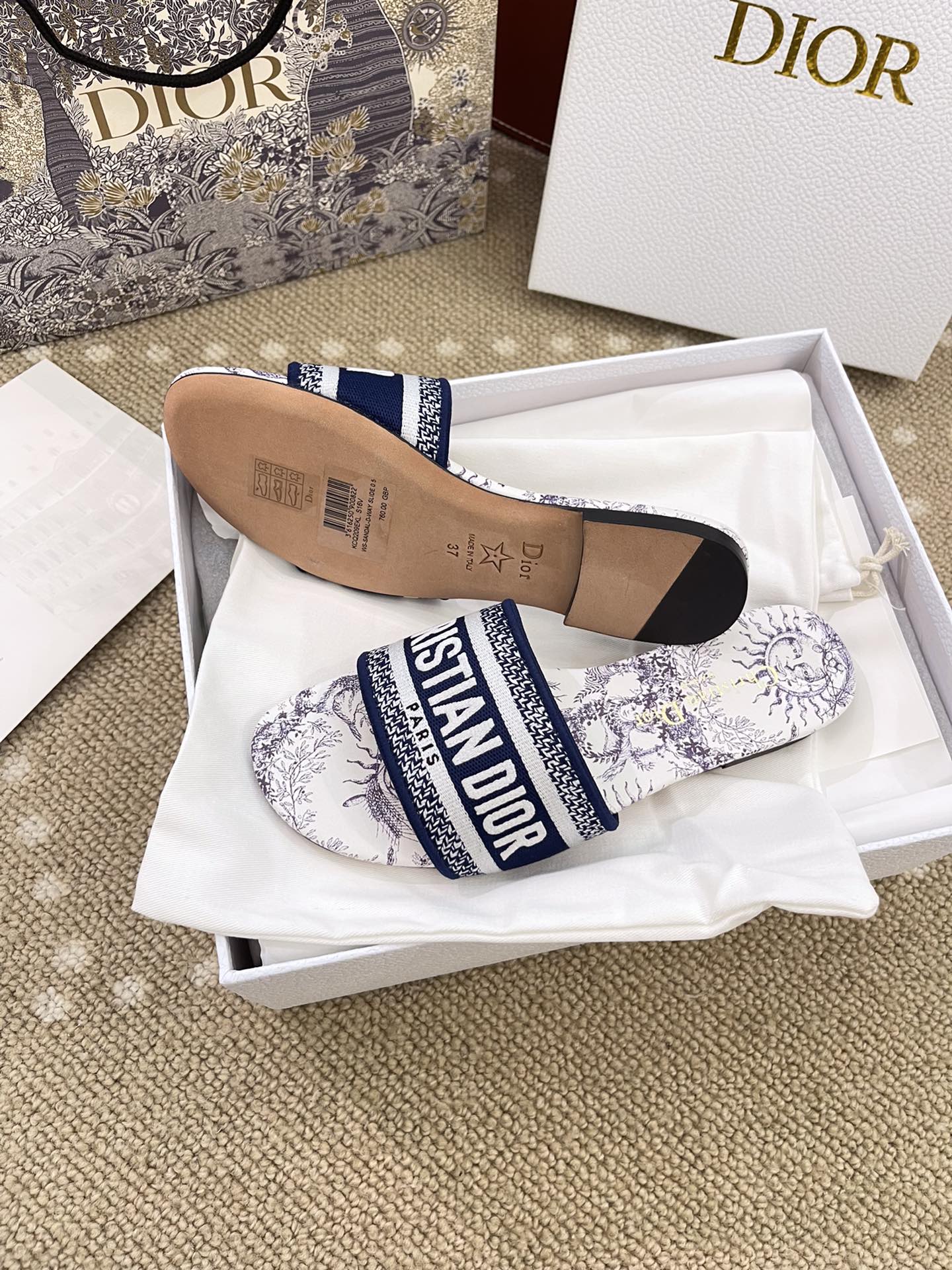 Bagsaaa D10r Dway Slide Embroidered Cotton and White and Blue Toile de Jouy Soleil Motif