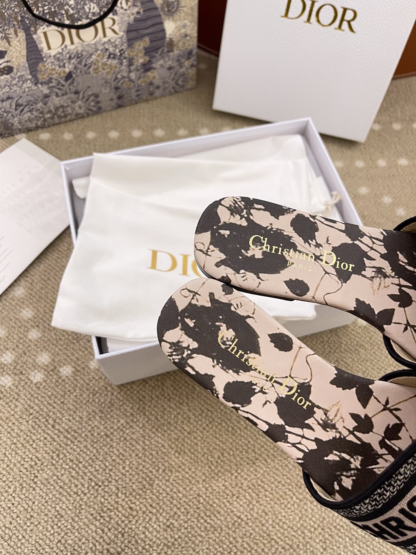 Bagsaaa D10r Dway Slide Beige and Black Cotton Embroidered with Fleurs Mystiques Motif