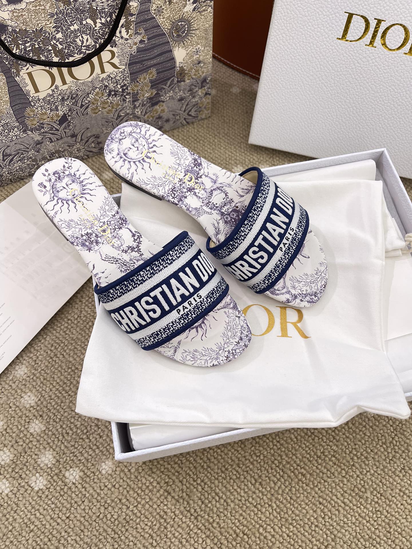 Bagsaaa D10r Dway Slide Embroidered Cotton and White and Blue Toile de Jouy Soleil Motif