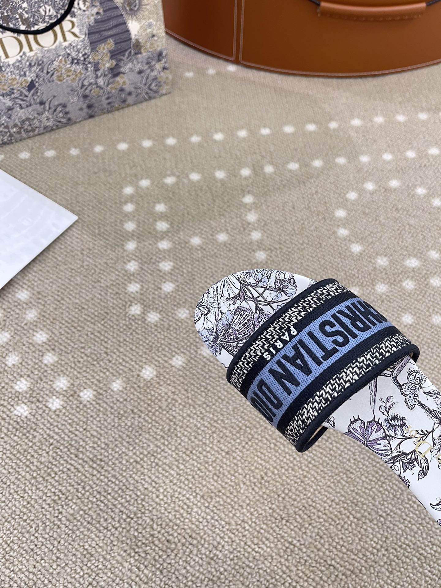 Bagsaaa D10r Dway Slide Pastel Midnight Blue Multicolor Embroidered Cotton with Toile de Jouy Mexico Motif