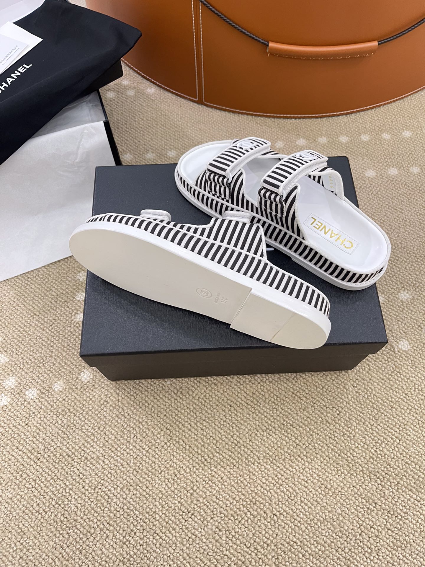 Ch**el Stripes White & Black Sandals