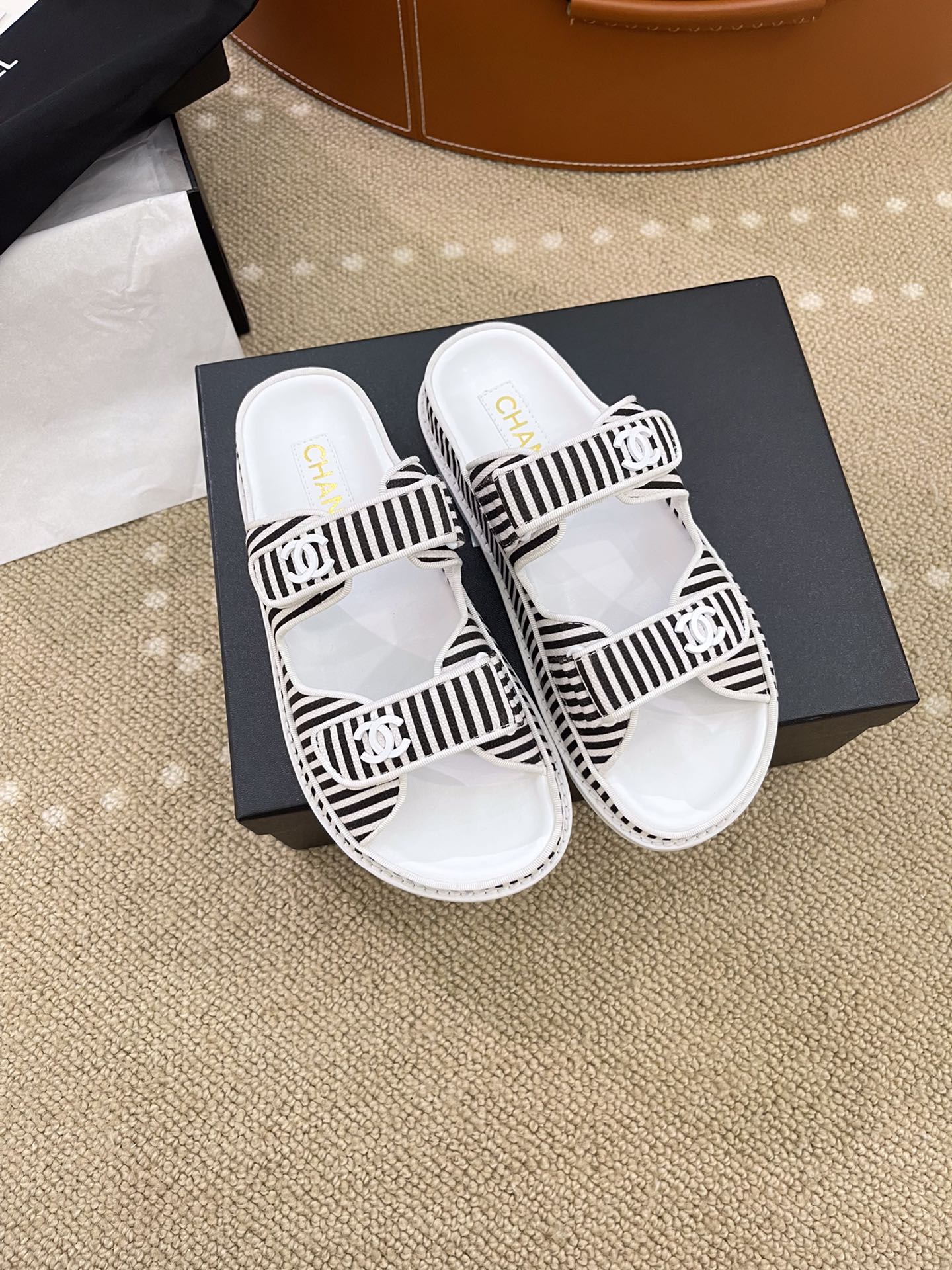Ch**el Stripes White & Black Sandals