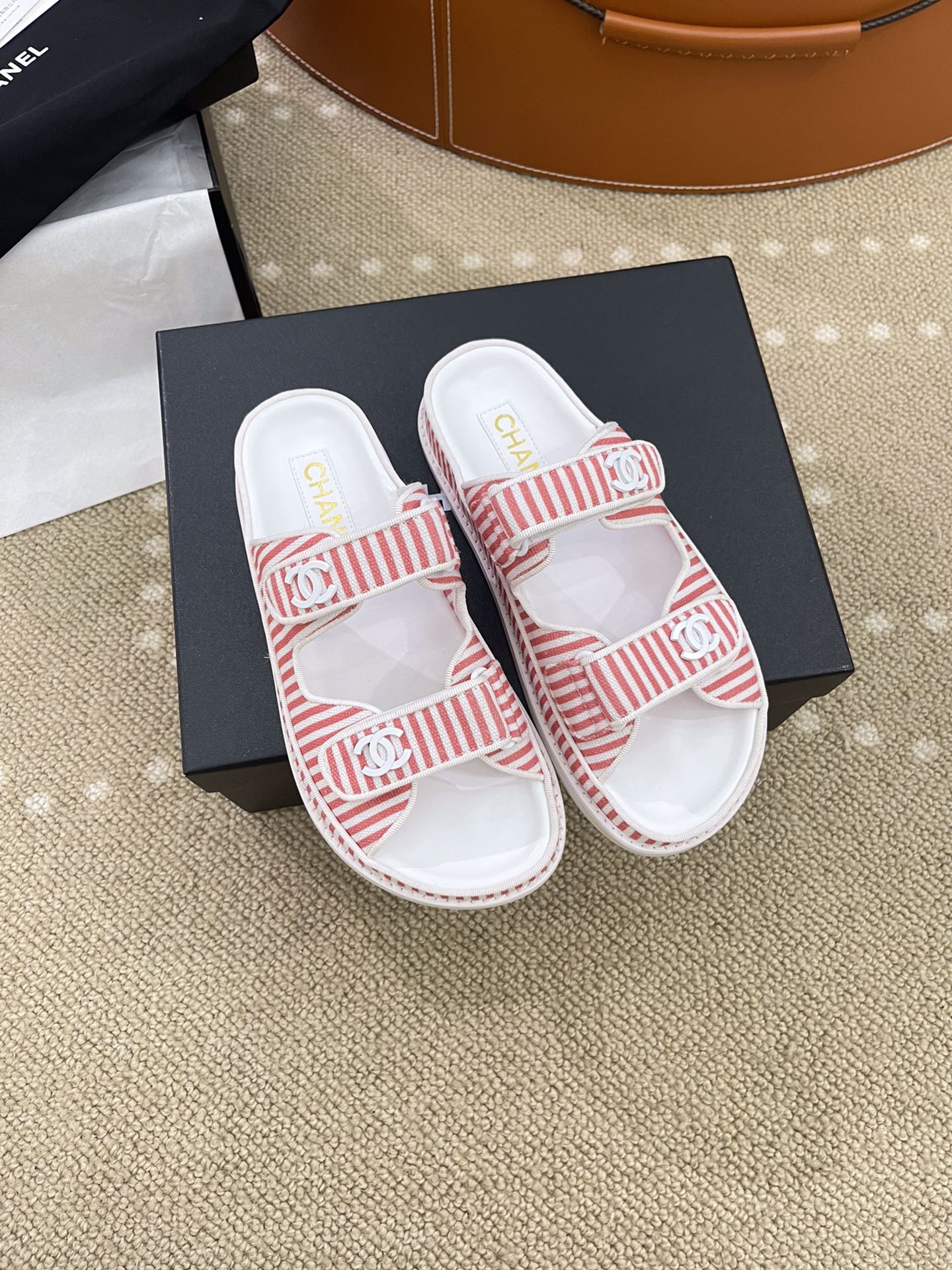 Ch**el Stripes White & Red Sandals