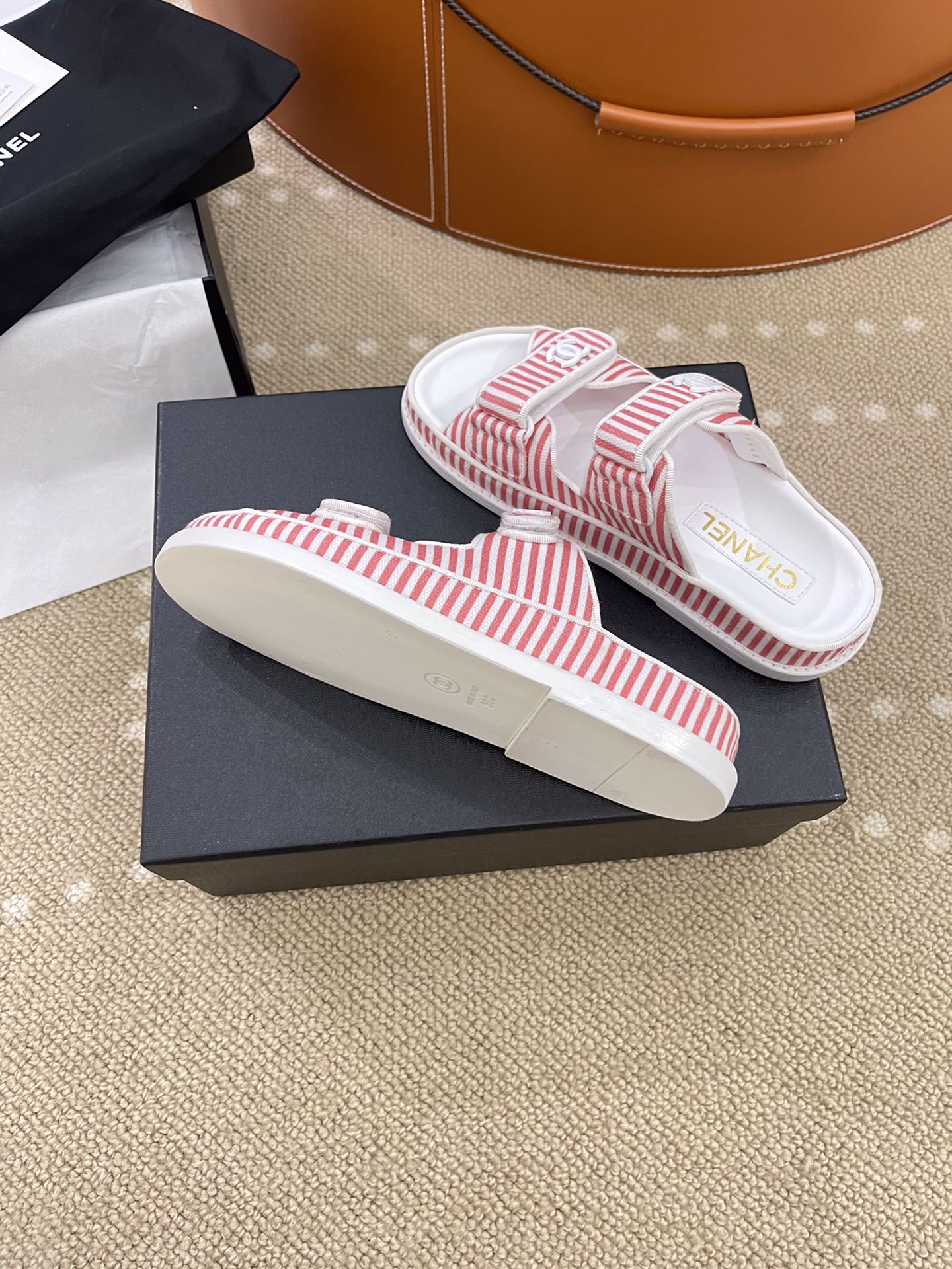 Ch**el Stripes White & Red Sandals