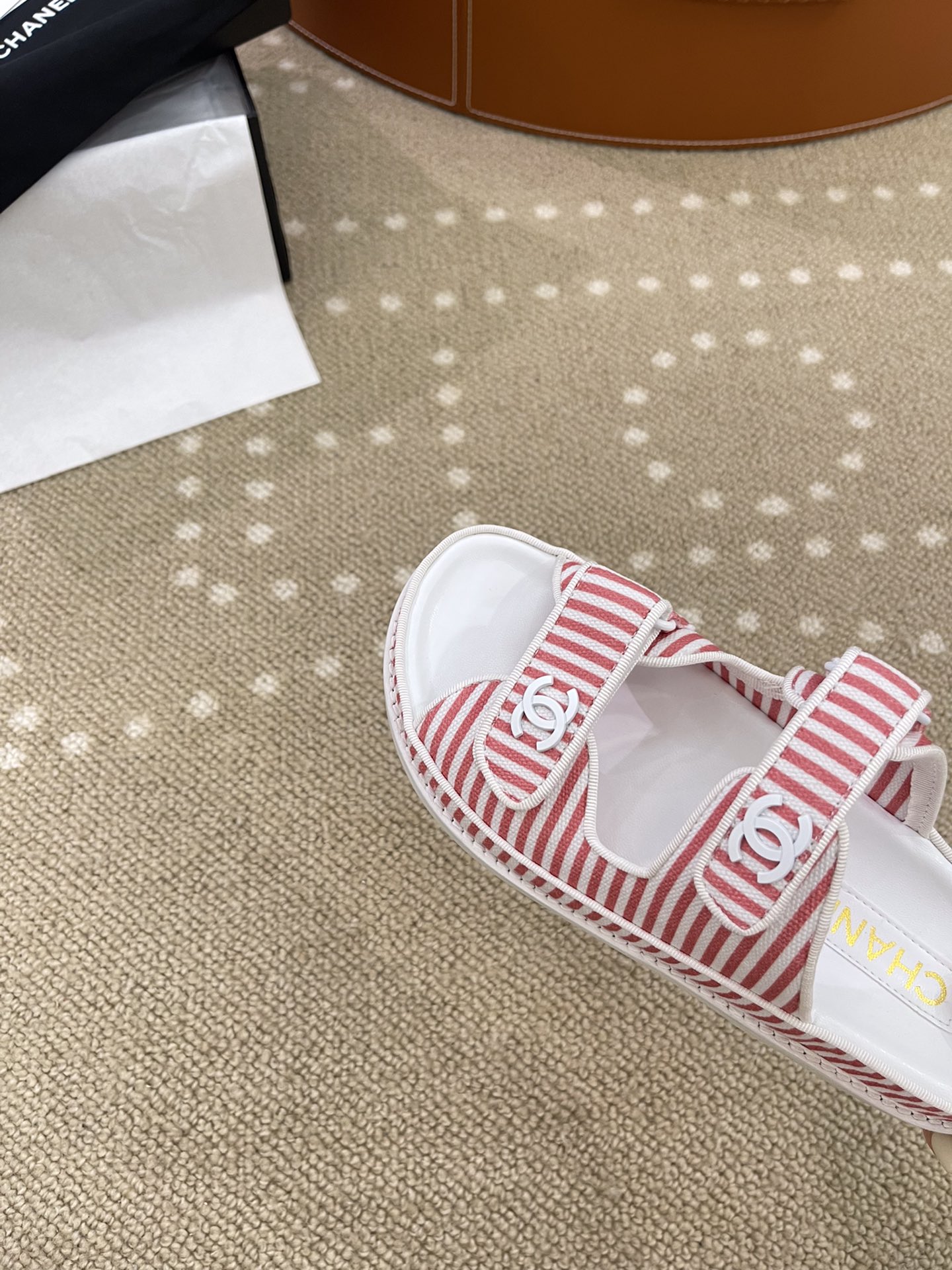 Ch**el Stripes White & Red Sandals