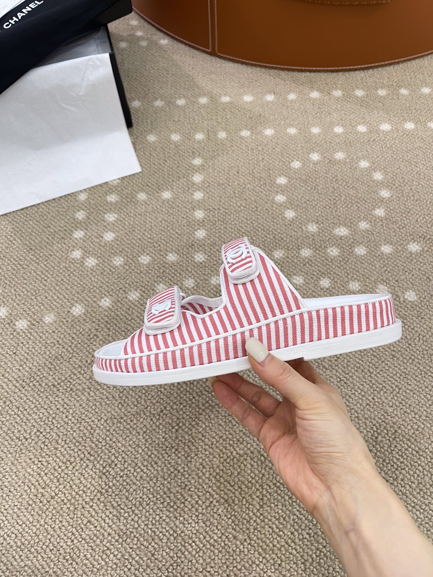 Ch**el Stripes White & Red Sandals