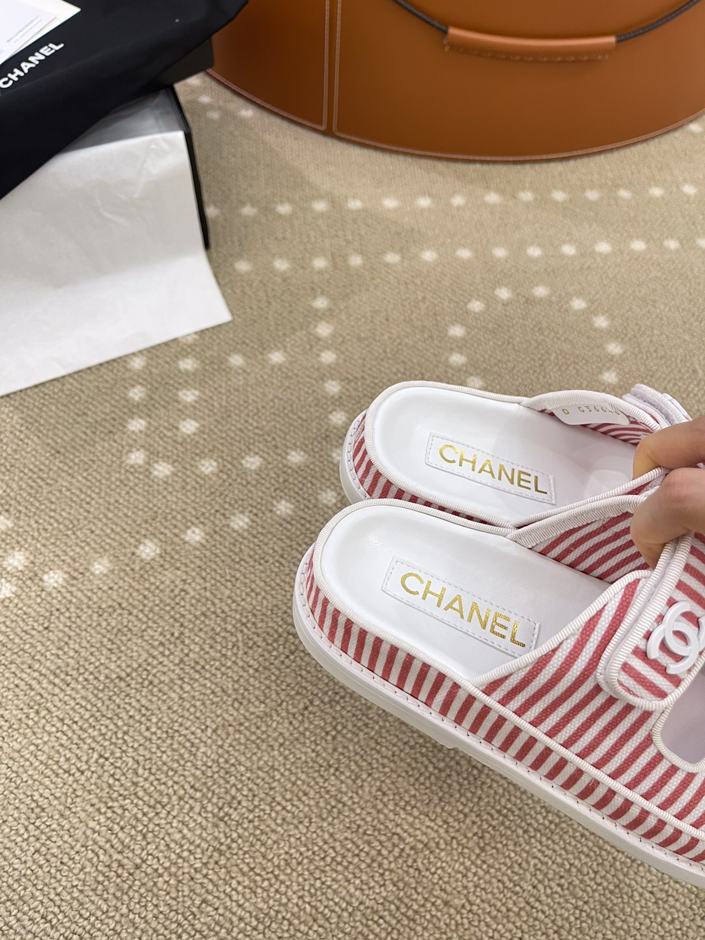 Ch**el Stripes White & Red Sandals