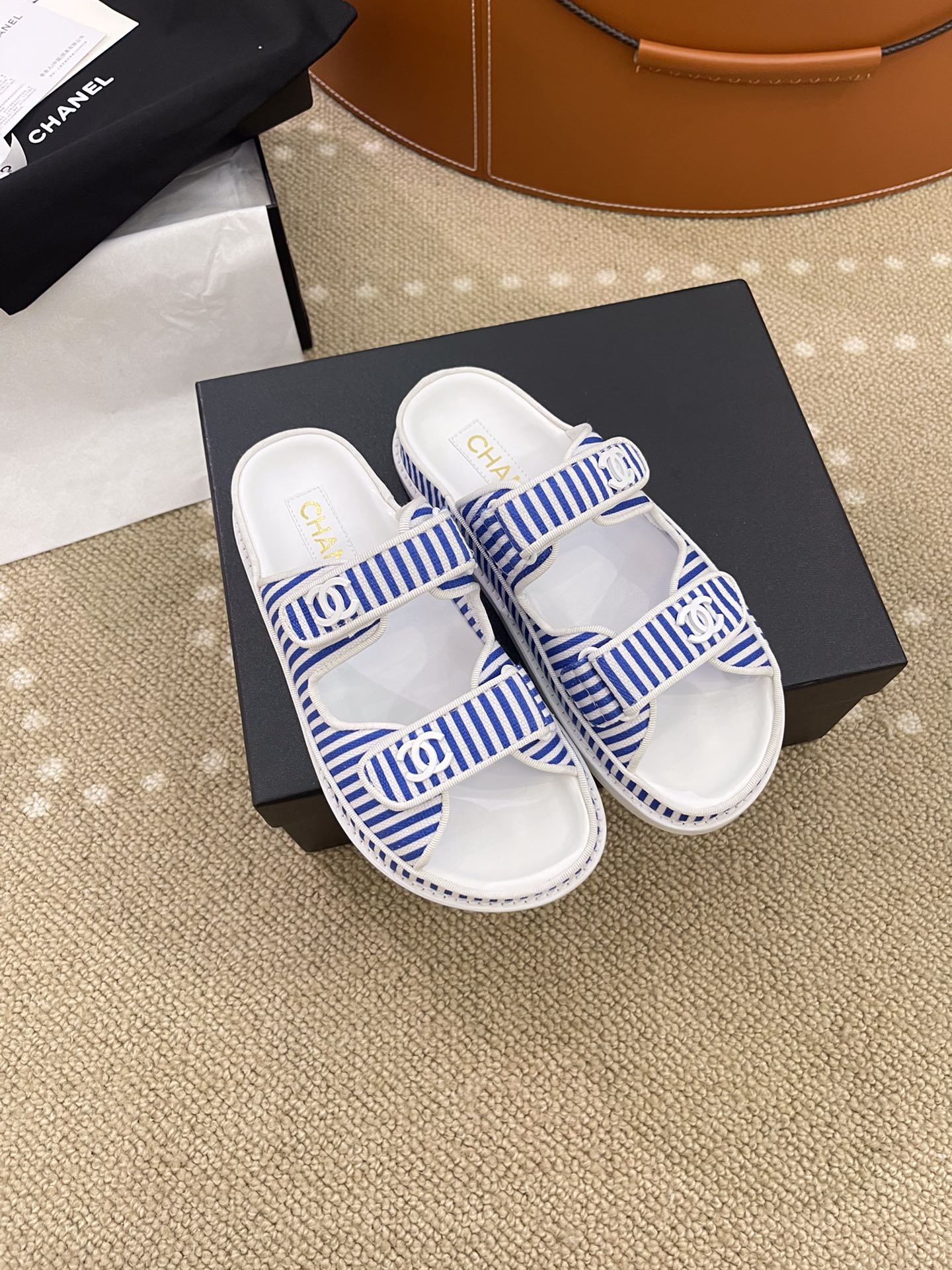Ch**el Stripes White & Blue Sandals