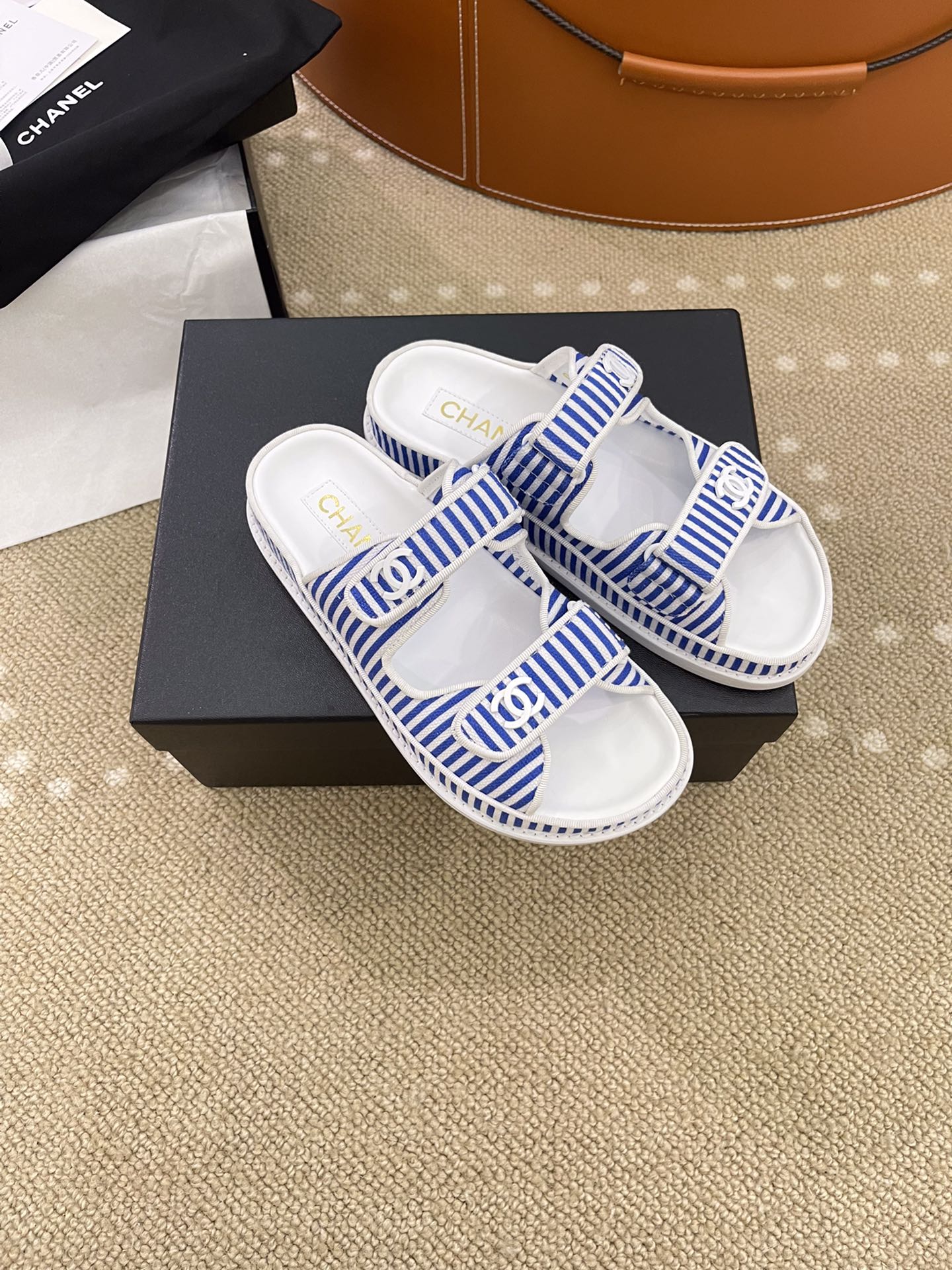 Ch**el Stripes White & Blue Sandals
