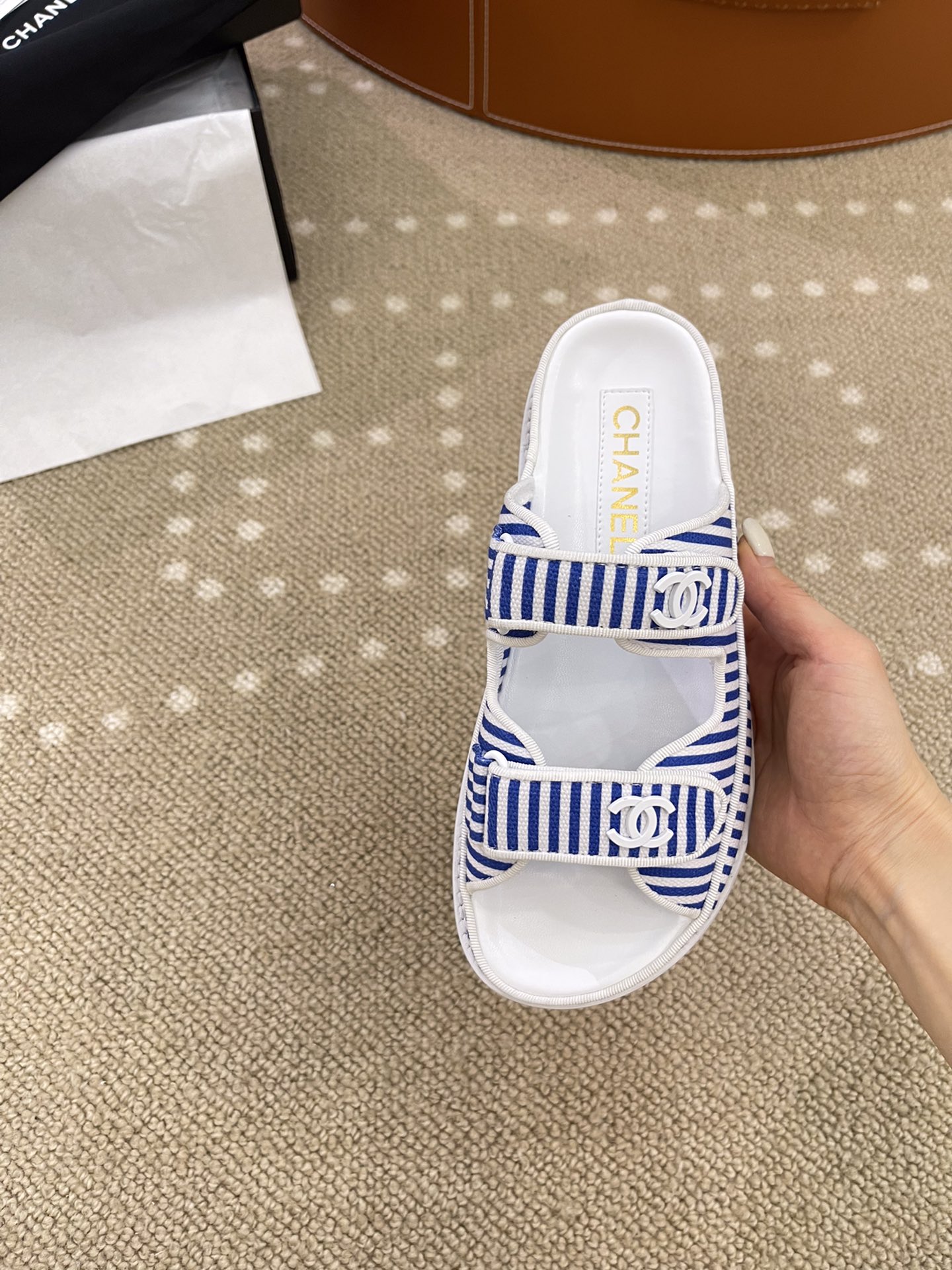 Ch**el Stripes White & Blue Sandals