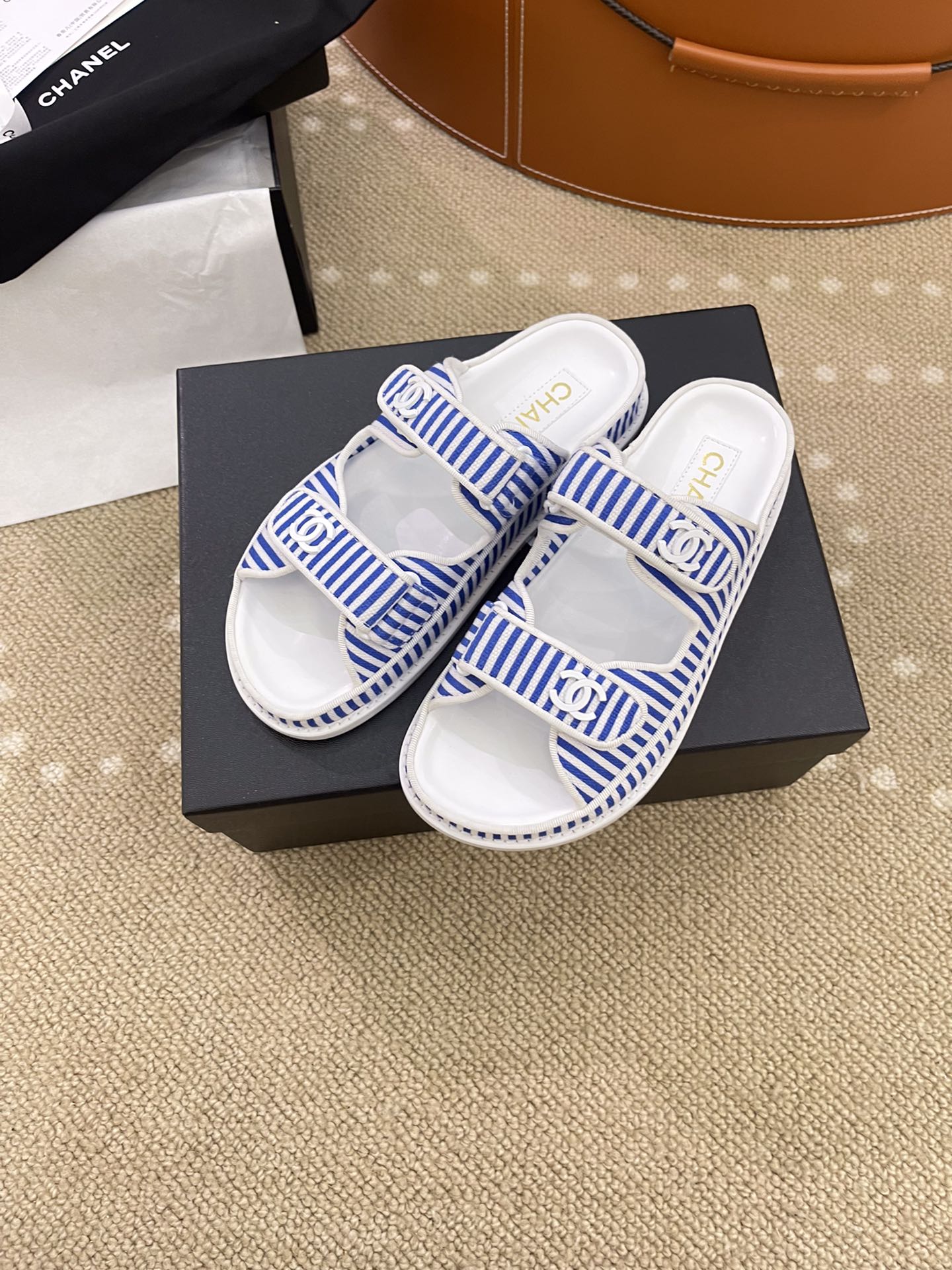 Ch**el Stripes White & Blue Sandals