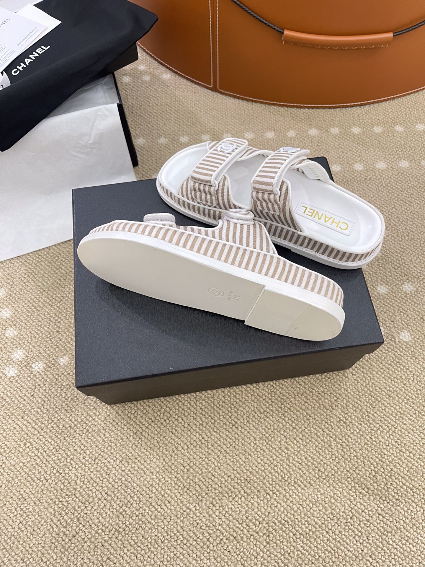 Ch**el Stripes White & Beige Sandals