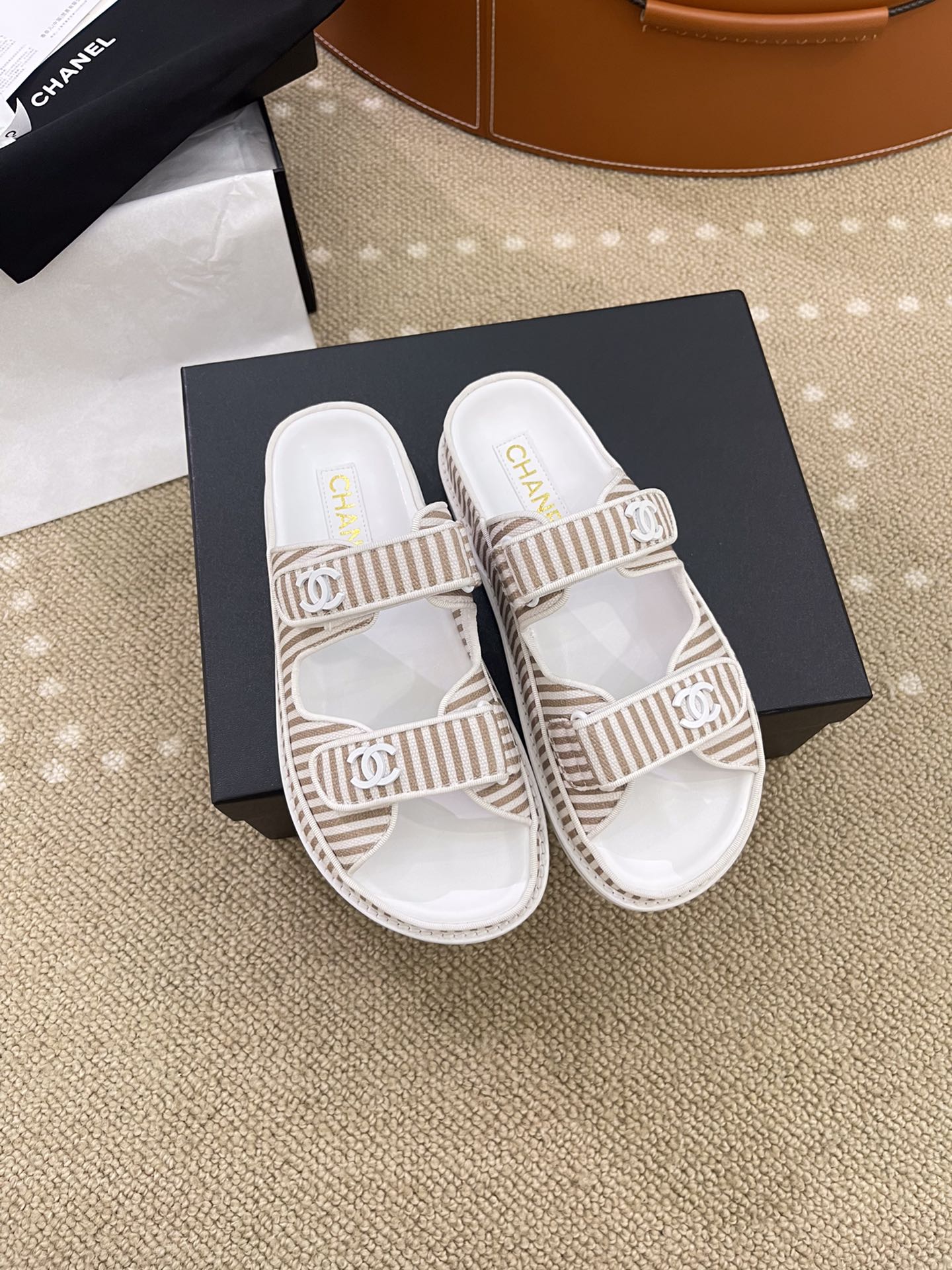 Ch**el Stripes White & Beige Sandals