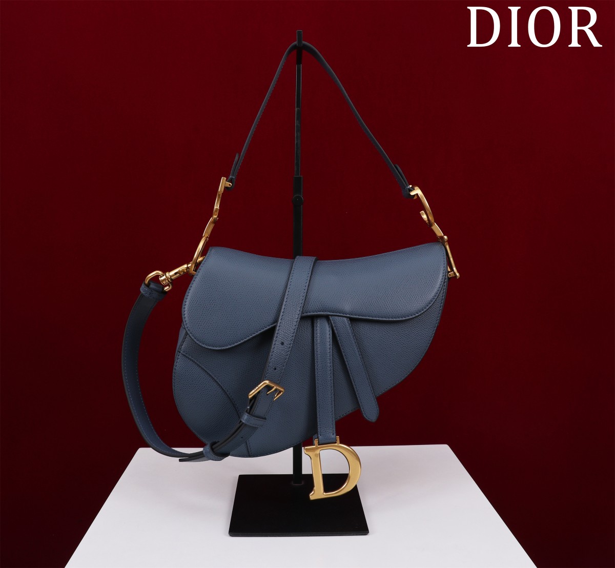 Bagsaaa D10r Saddle Bag with Strap Navy Blue Grained Calfskin - 25.5 x 20 x 6.5 cm
