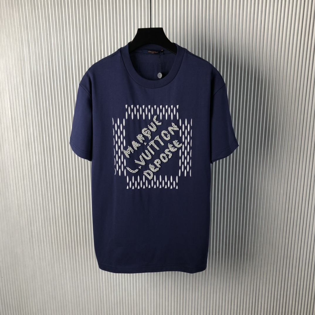 Bagsaaa LV Embroidered Signature Cotton T-Shirt Navy Blue