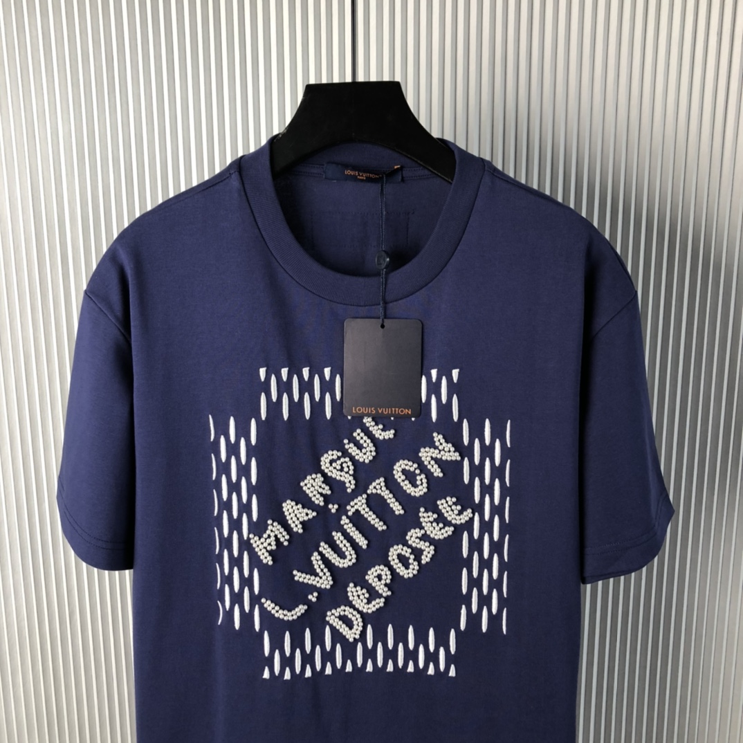Bagsaaa LV Embroidered Signature Cotton T-Shirt Navy Blue