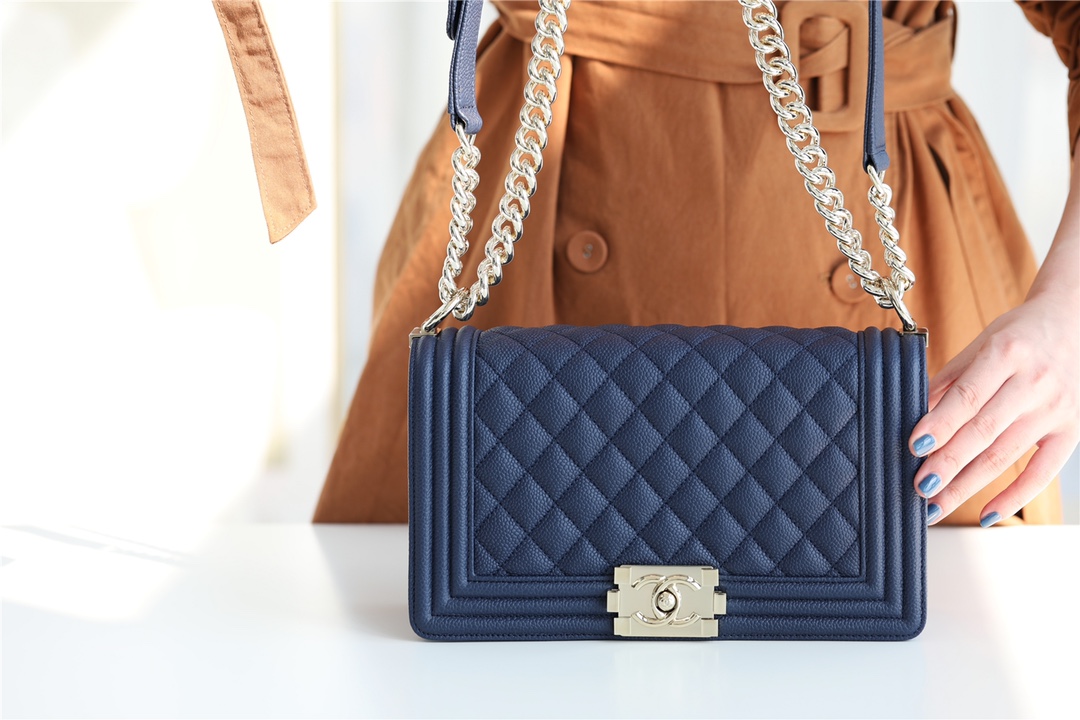 Bagsaaa Ch**el Boy Bag Caviar Navy Blue With Silver Hardware - 25cm