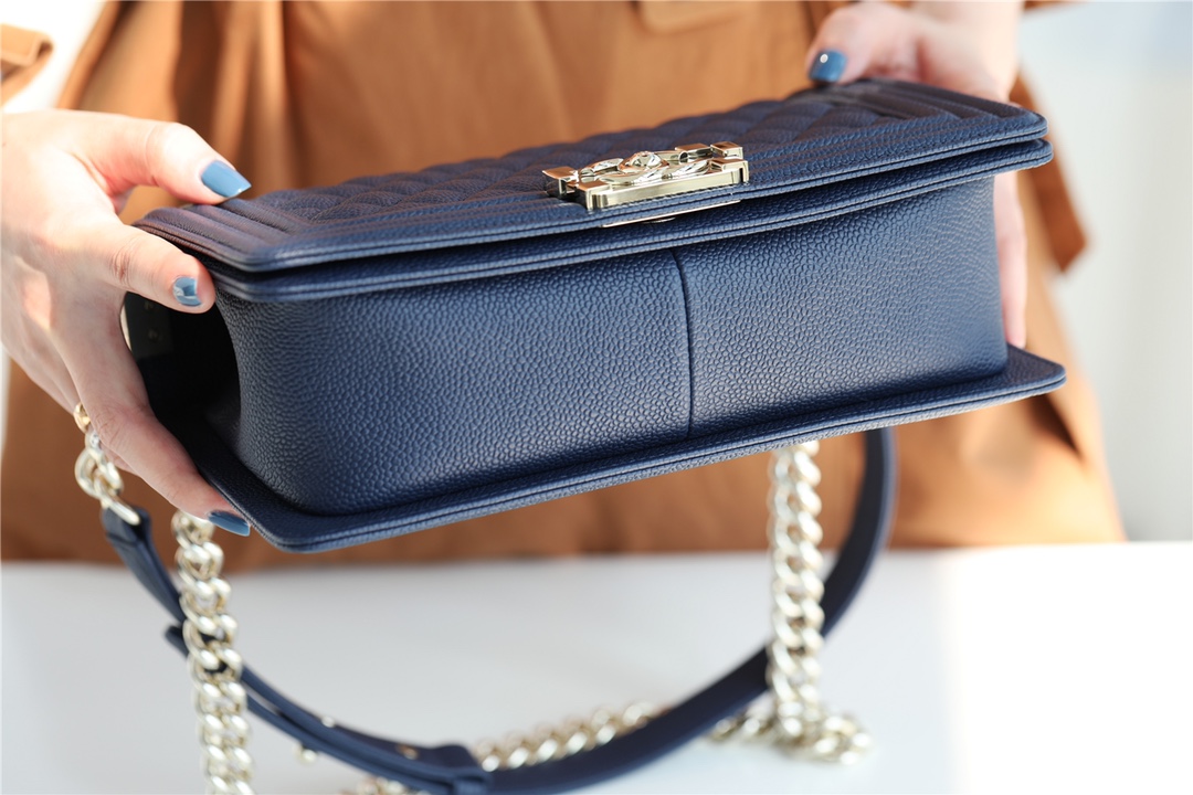 Bagsaaa Ch**el Boy Bag Caviar Navy Blue With Silver Hardware - 25cm