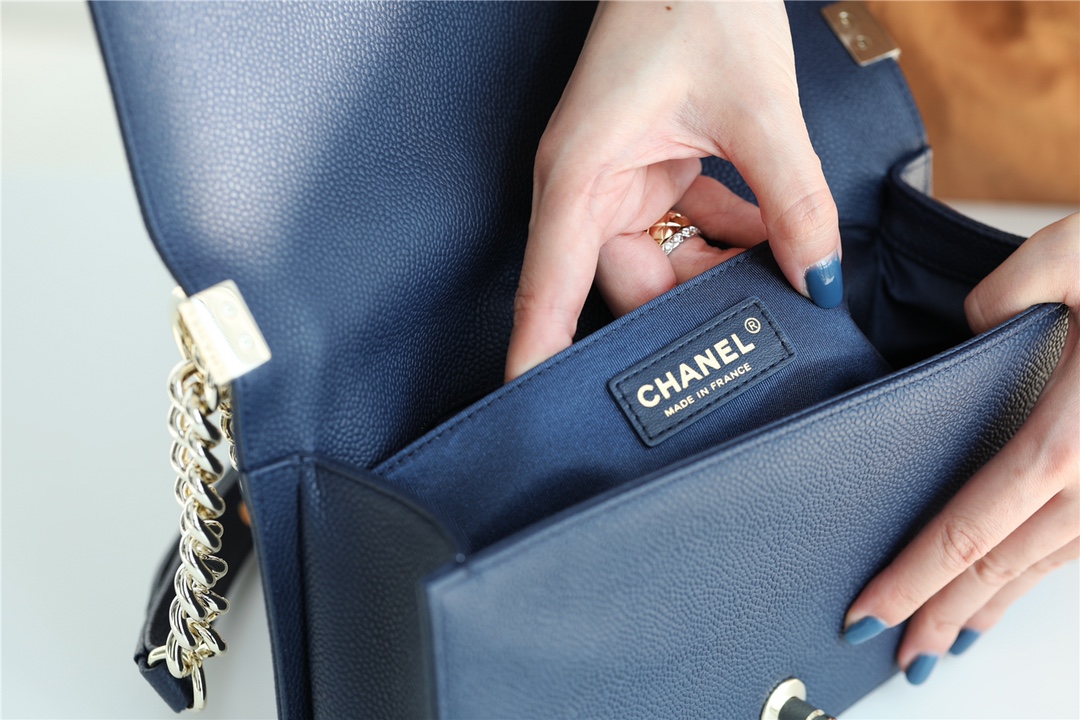 Bagsaaa Ch**el Boy Bag Caviar Navy Blue With Silver Hardware - 25cm