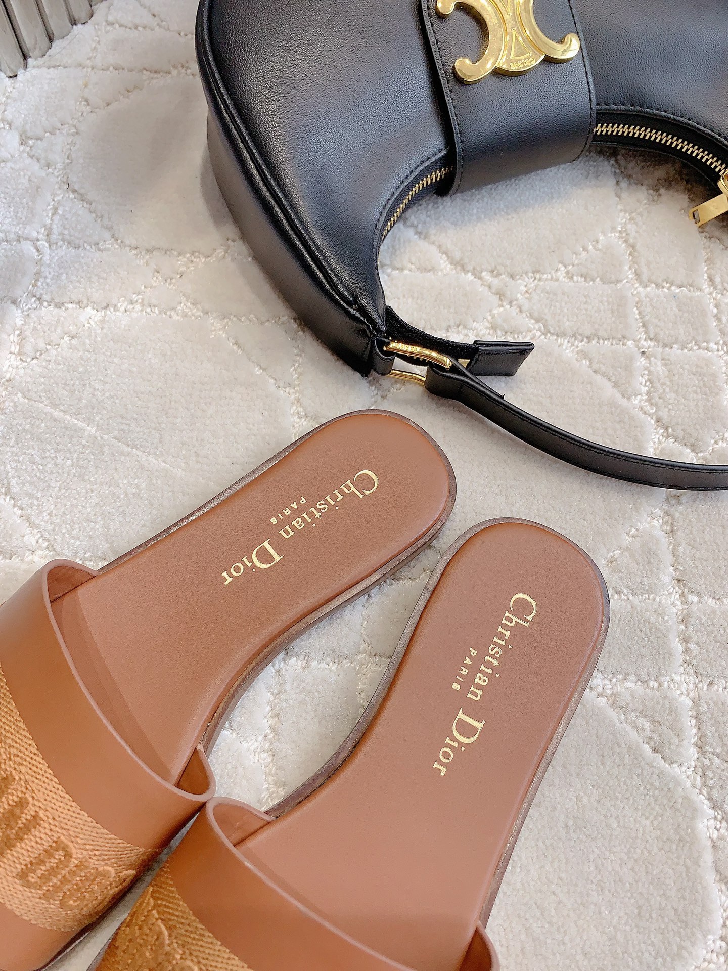 Bagsaaa Dway Slide Camel Calfskin and Embroidered Cotton