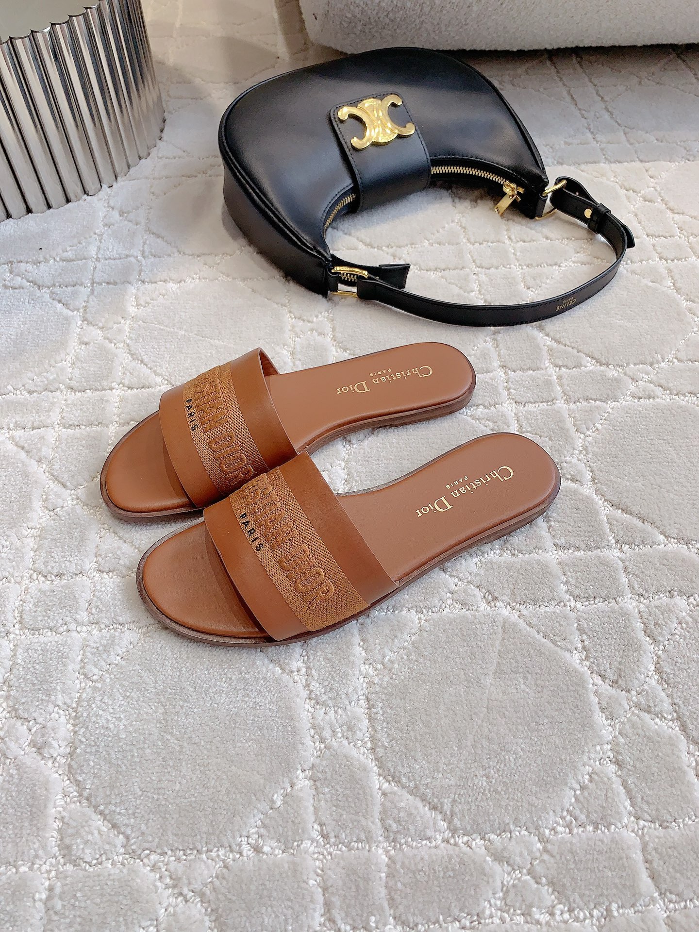 Bagsaaa Dway Slide Camel Calfskin and Embroidered Cotton