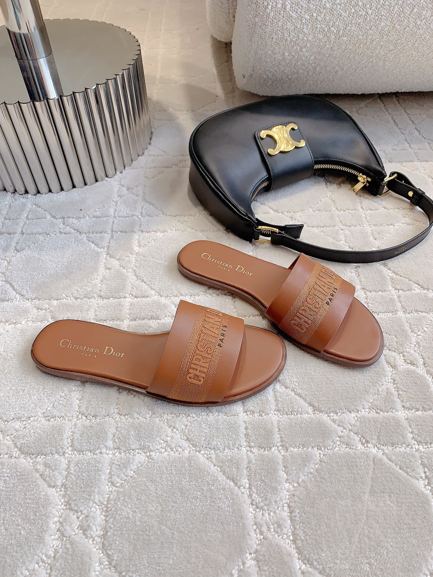 Bagsaaa Dway Slide Camel Calfskin and Embroidered Cotton