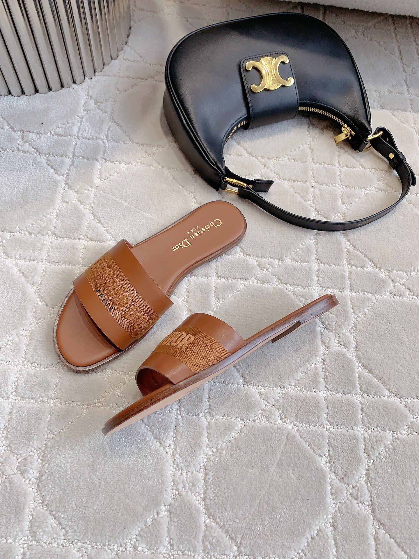 Bagsaaa Dway Slide Camel Calfskin and Embroidered Cotton