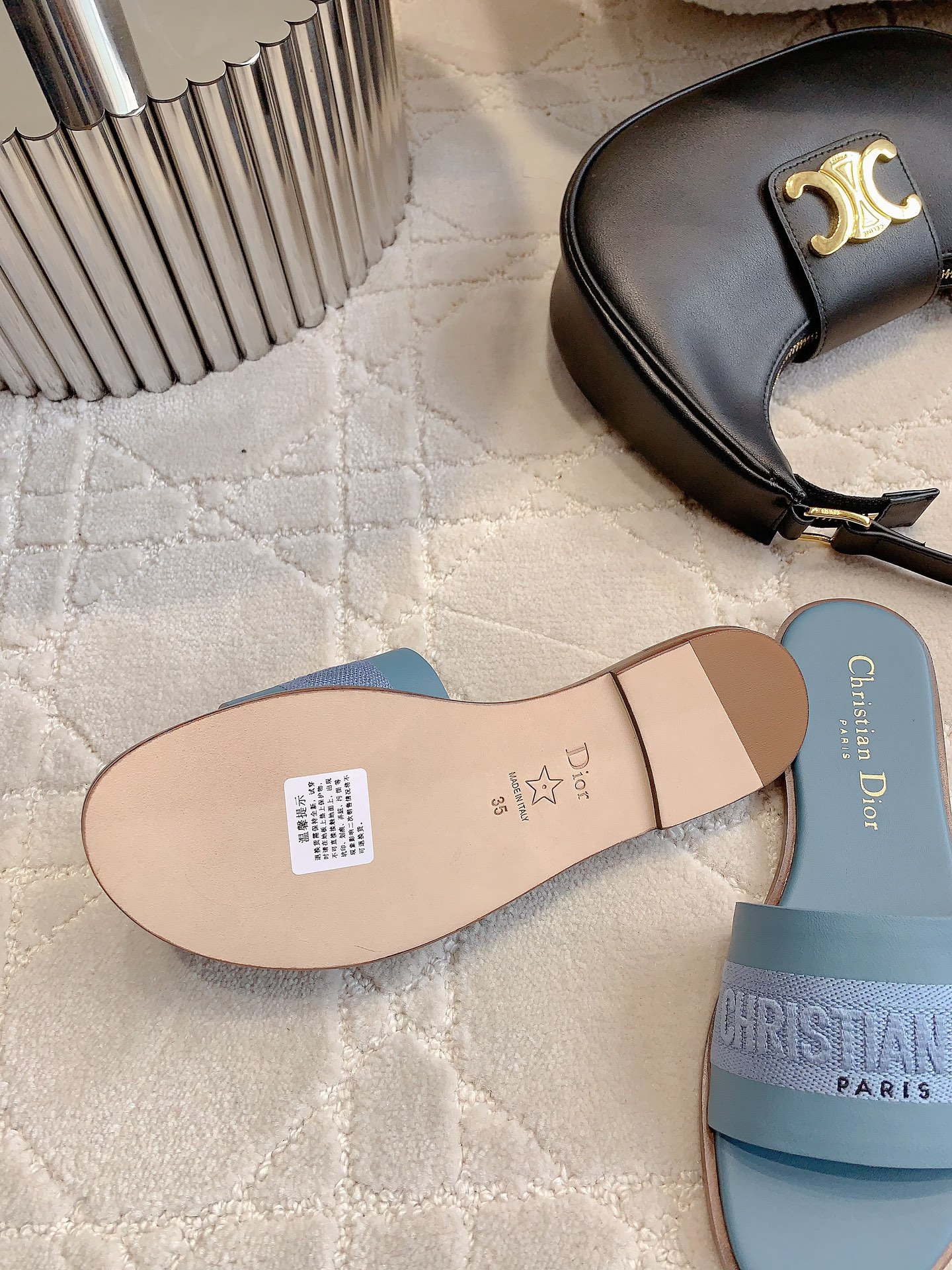 Bagsaaa Dway Slide Blue Calfskin and Embroidered Cotton