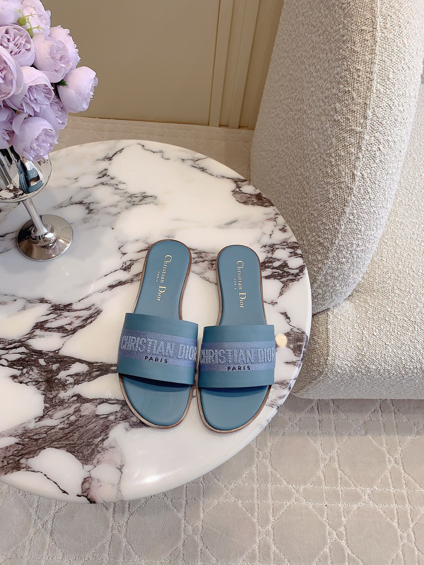 Bagsaaa Dway Slide Blue Calfskin and Embroidered Cotton