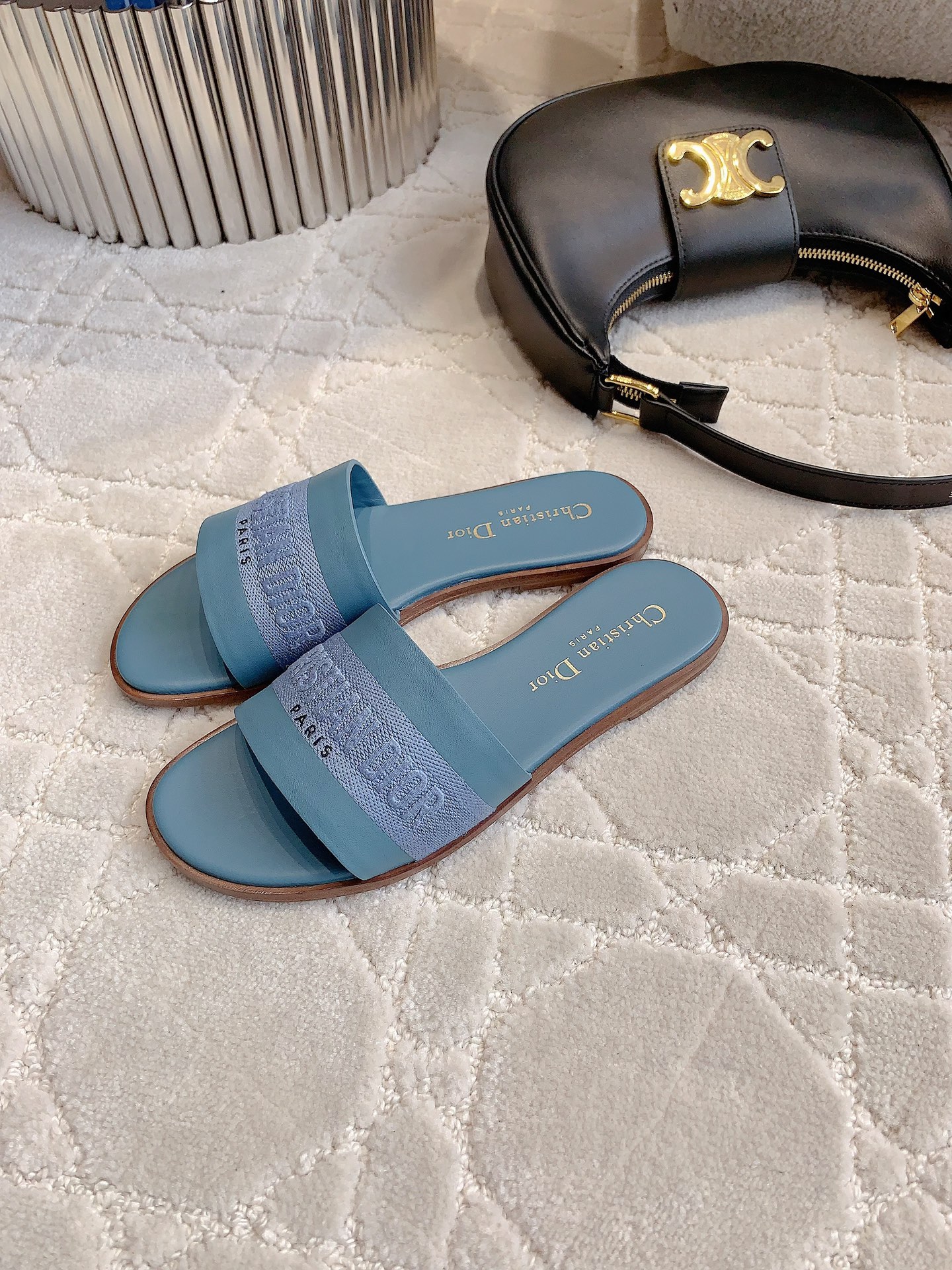 Bagsaaa Dway Slide Blue Calfskin and Embroidered Cotton