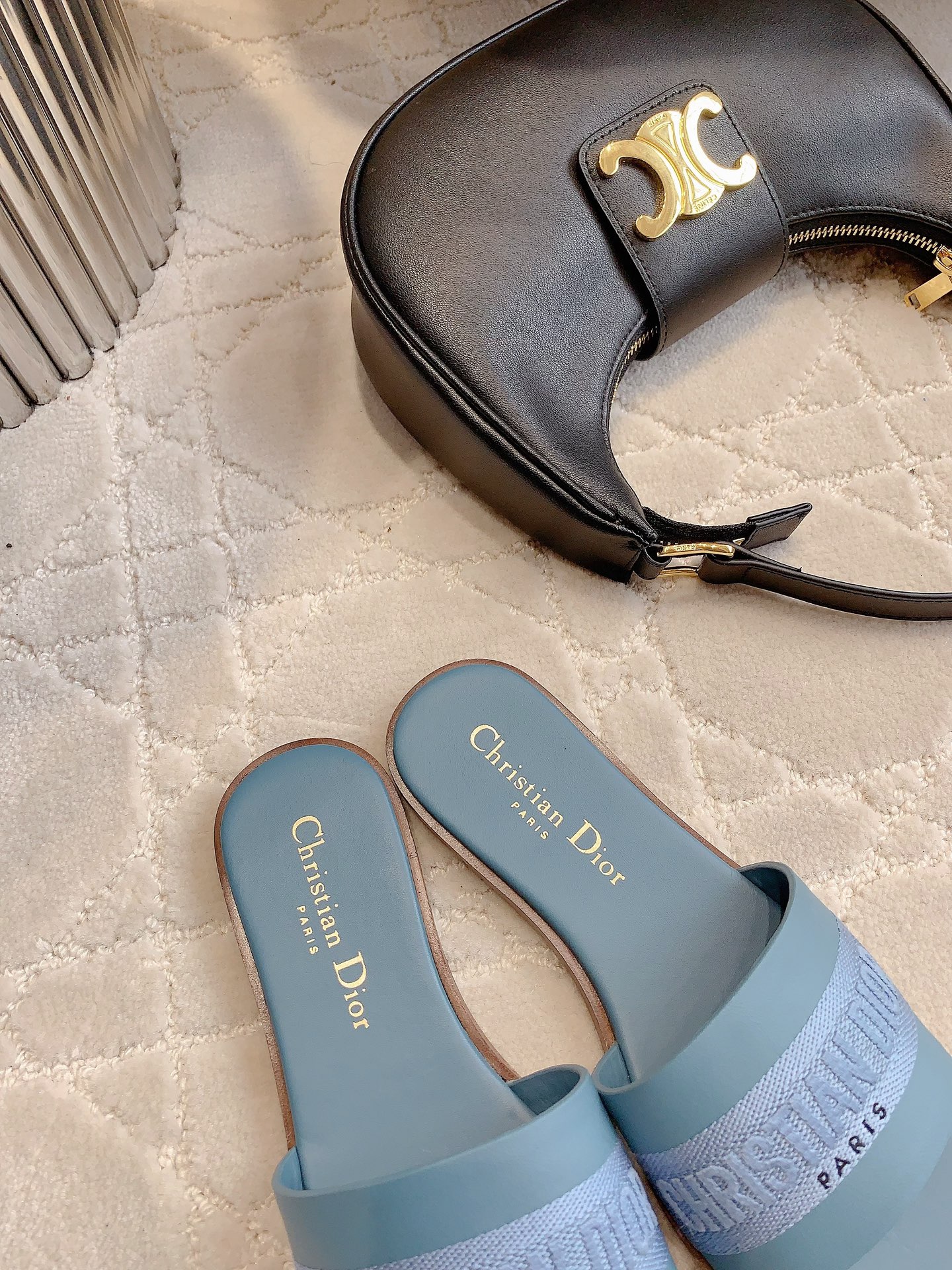 Bagsaaa Dway Slide Blue Calfskin and Embroidered Cotton