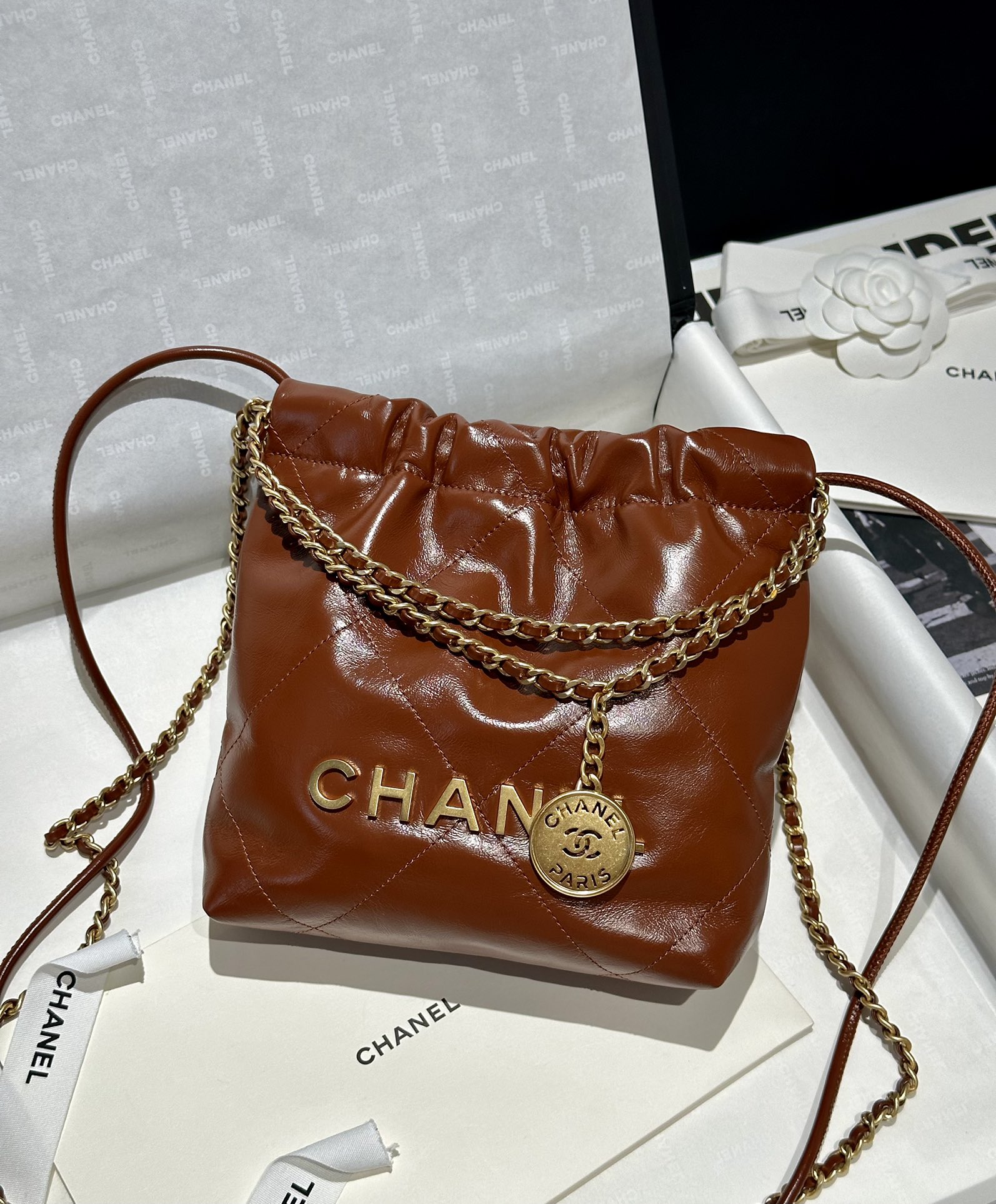 Bagsaaa Ch**el 22 Mini Handbag Brown - 19x20x6cm