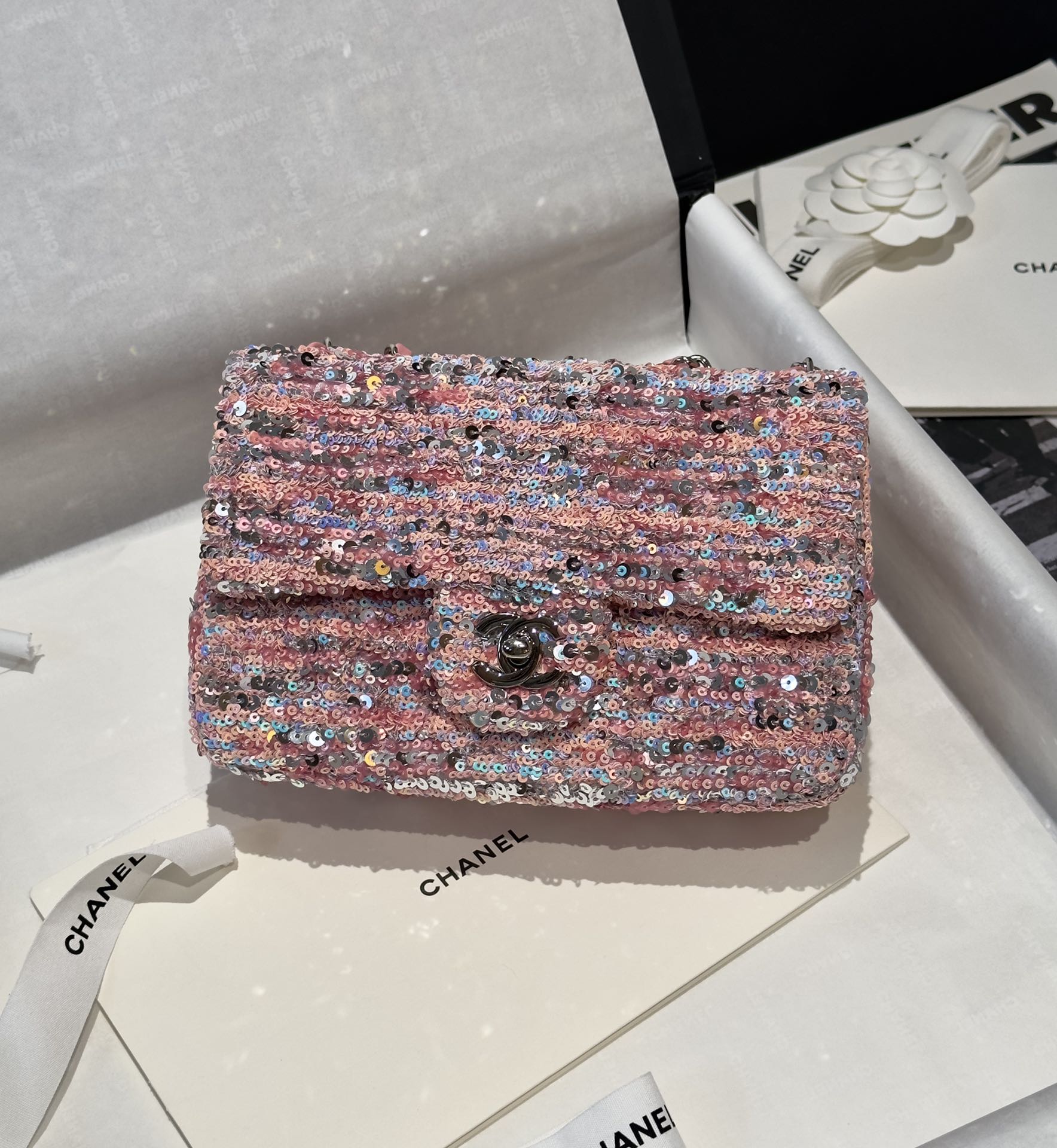 Bagsaaa Ch**el Small Flap Bag Sequins Pink & Silver - 20cm