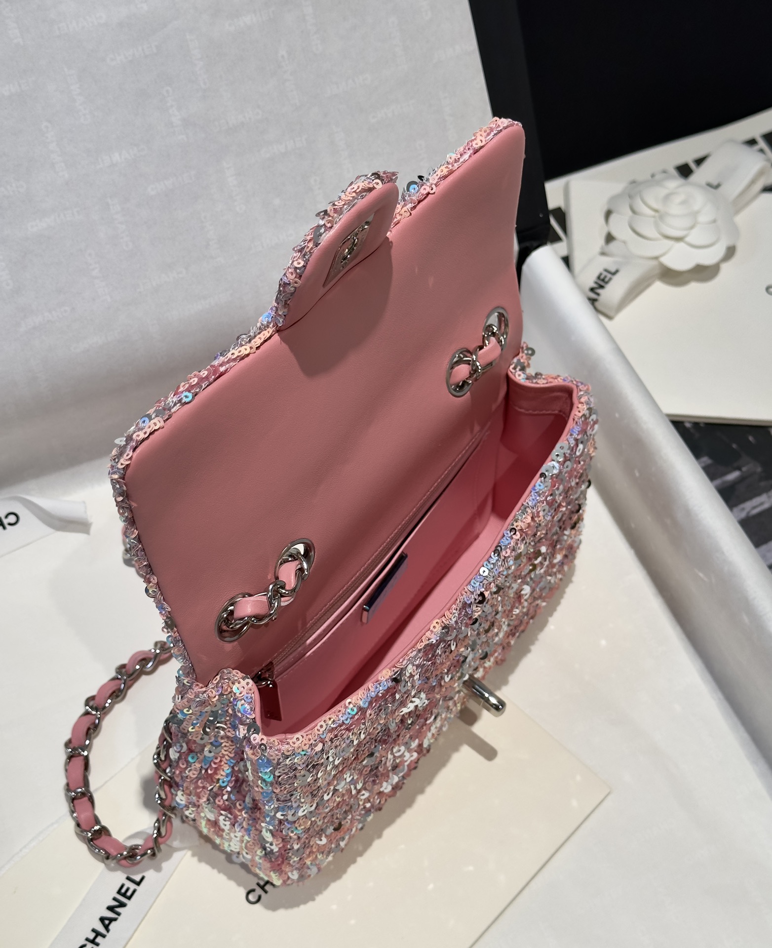 Bagsaaa Ch**el Small Flap Bag Sequins Pink & Silver - 20cm