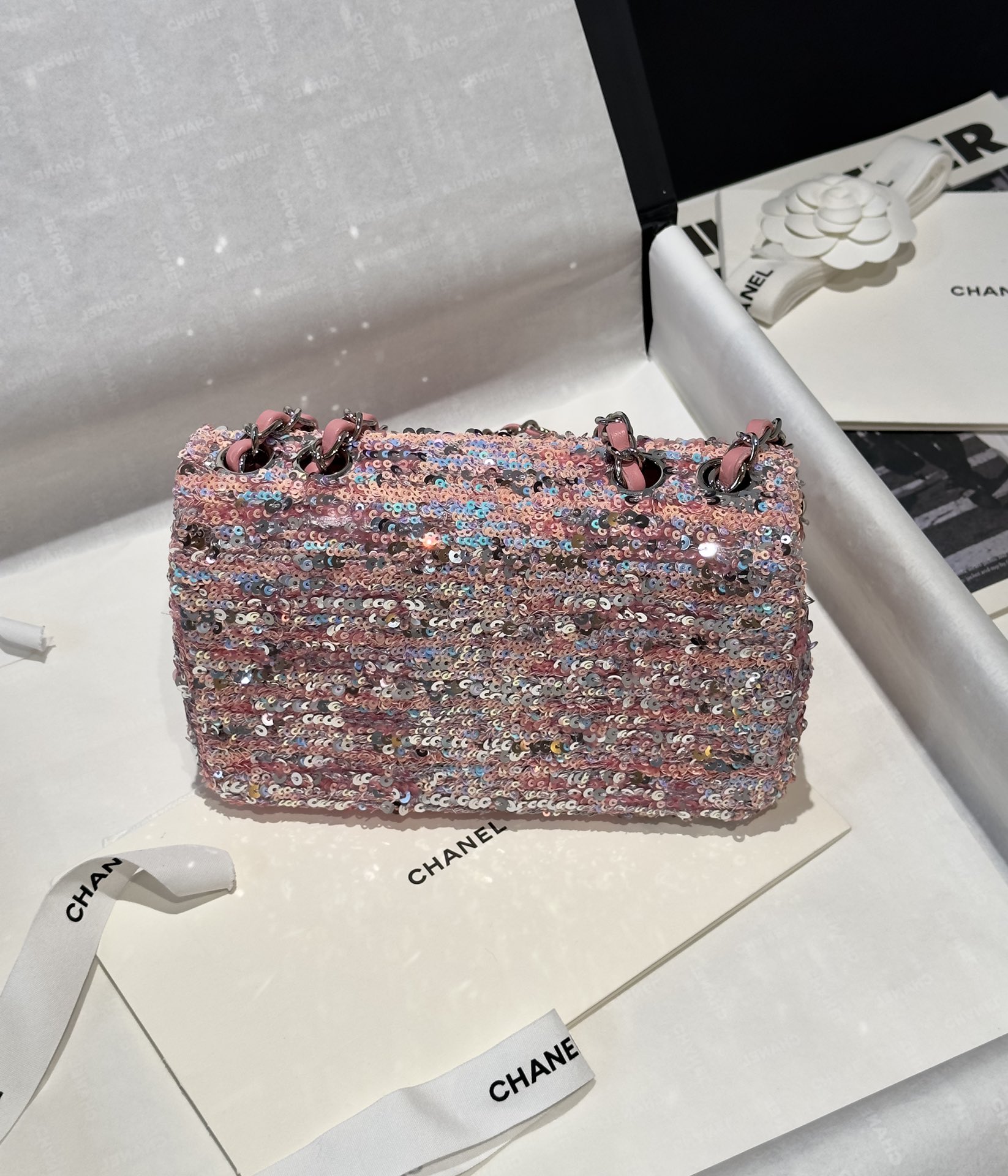 Bagsaaa Ch**el Small Flap Bag Sequins Pink & Silver - 20cm